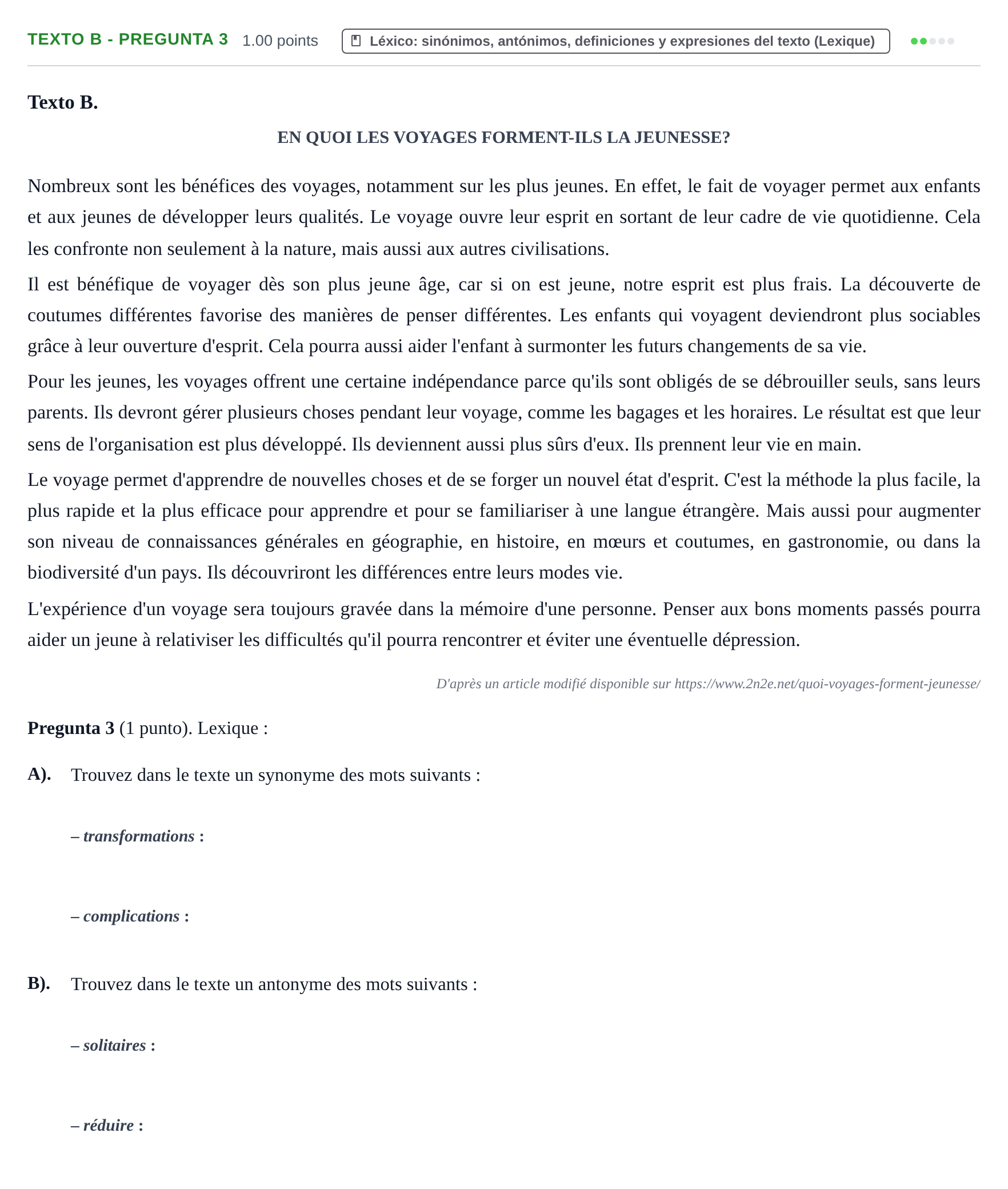 Enunciado: Ejercicio Texto B - Pregunta 3 · Francés PAU La Rioja Ordinaria 2023