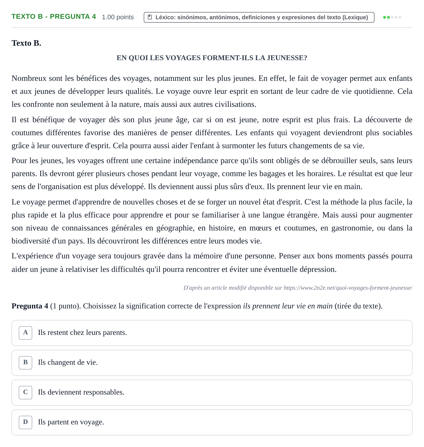 Enunciado: Ejercicio Texto B - Pregunta 4 · Francés PAU La Rioja Ordinaria 2023