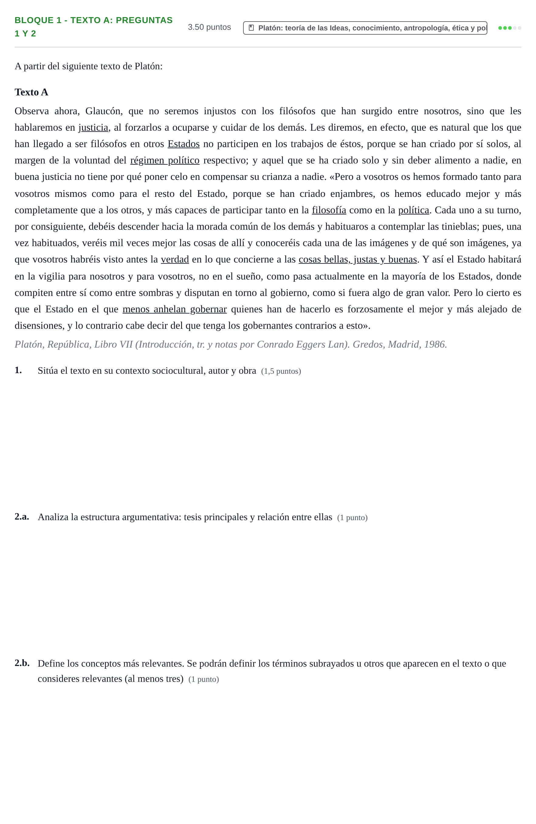 Enunciado: Bloque 1 - Texto A: Preguntas 1 y 2 · Historia de la Filosofía PAU La Rioja Extraordinaria 2023