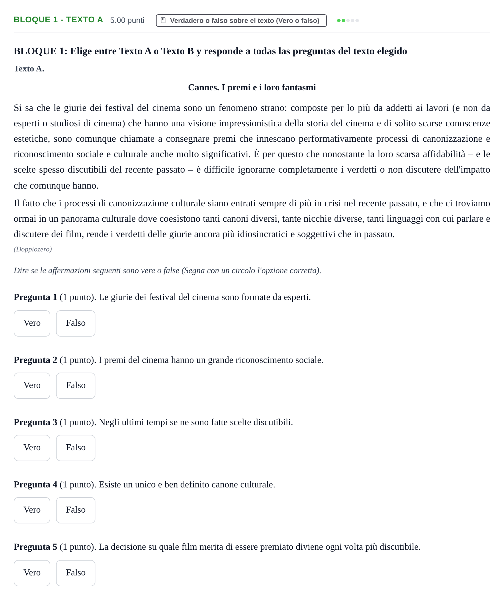 Enunciado: Bloque 1 - Texto A · Italiano PAU La Rioja Ordinaria 2023