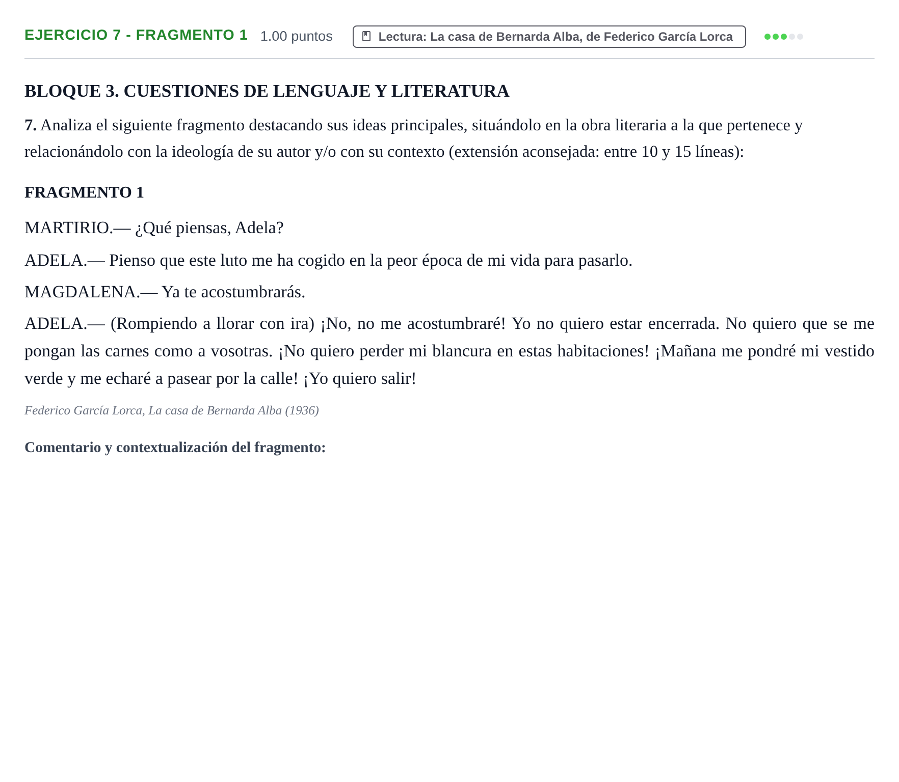 Enunciado: Ejercicio 7 - Fragmento 1 · Lengua Castellana y Literatura II PAU La Rioja Ordinaria 2023