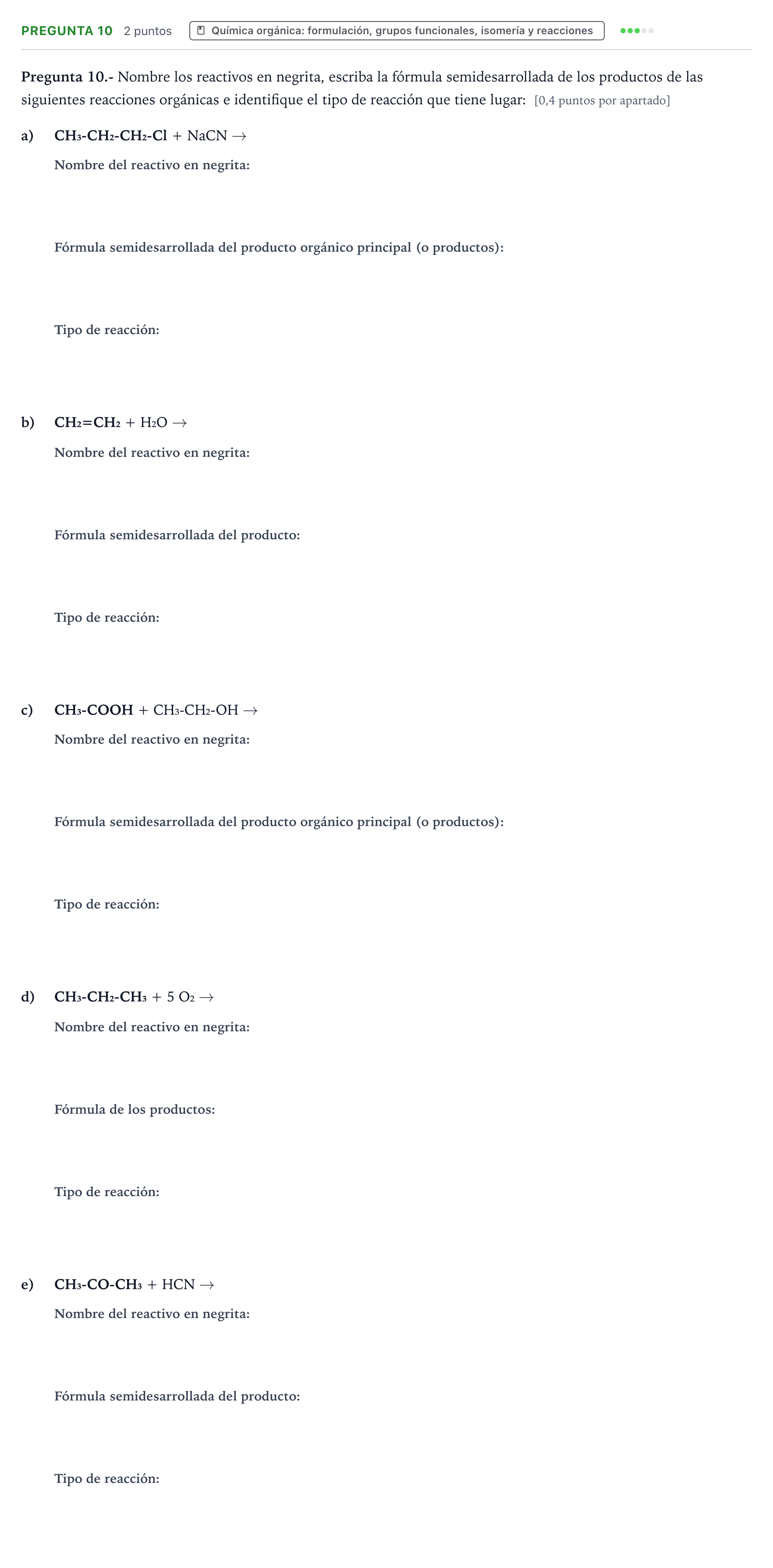 Enunciado: Pregunta 10 · Química PAU La Rioja Extraordinaria 2023