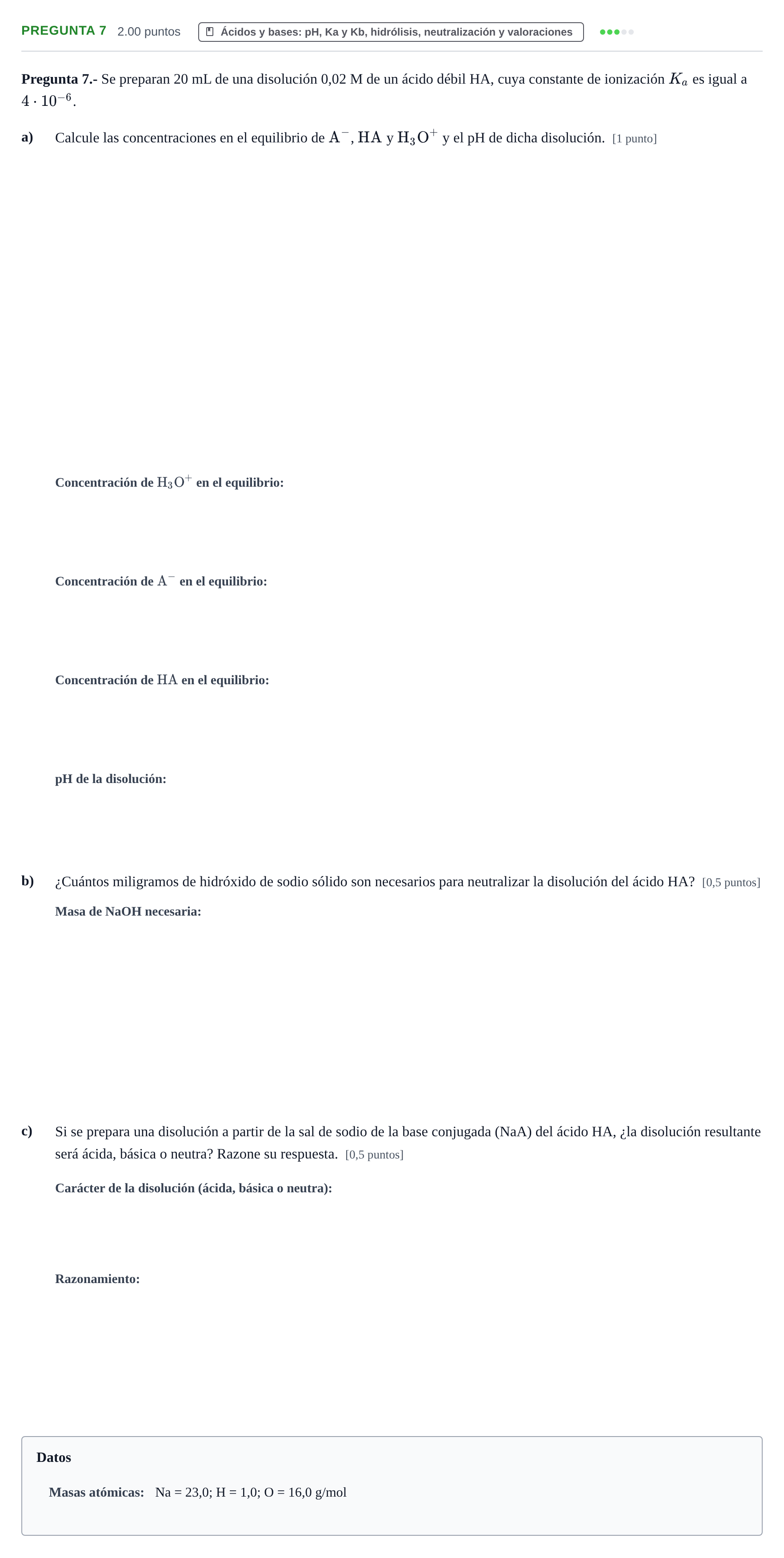 Enunciado: Pregunta 7 · Química PAU La Rioja Extraordinaria 2023