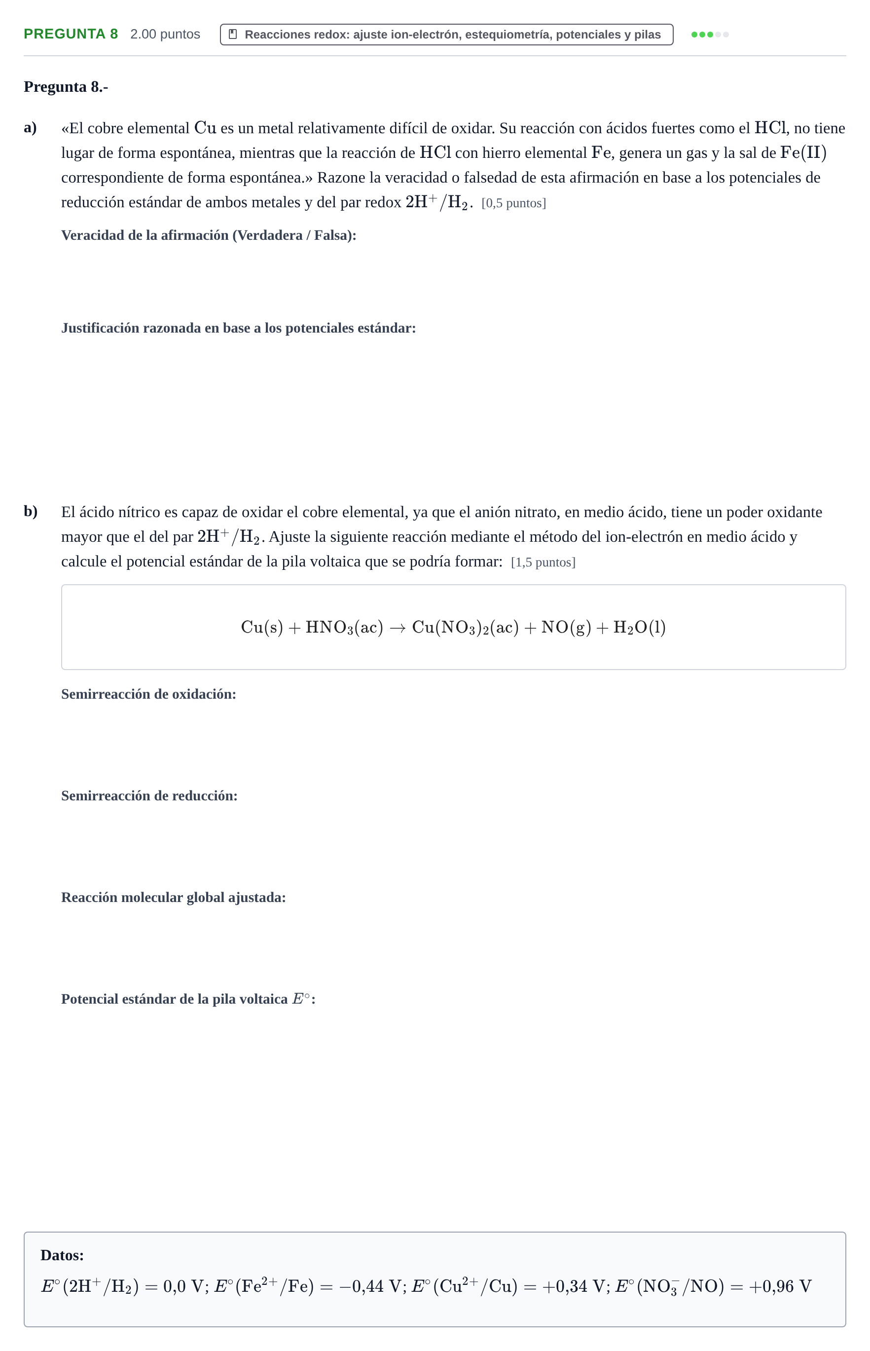 Enunciado: Pregunta 8 · Química PAU La Rioja Extraordinaria 2023