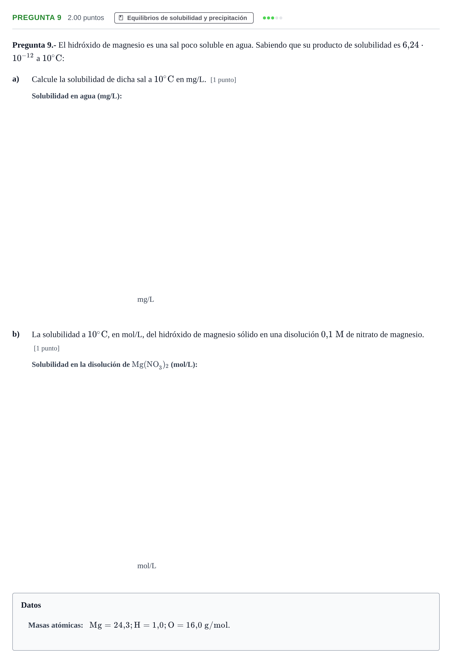 Enunciado: Pregunta 9 · Química PAU La Rioja Extraordinaria 2023