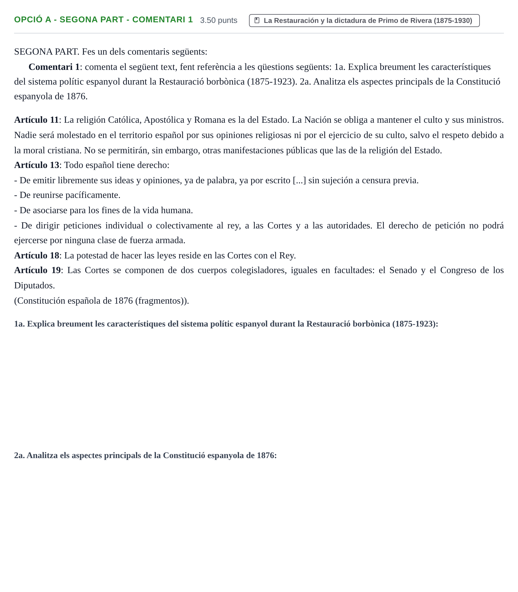 Enunciado: Ejercicio Opció A - Segona part - Comentari 1 · Historia de España PAU Baleares Extraordinaria 2022