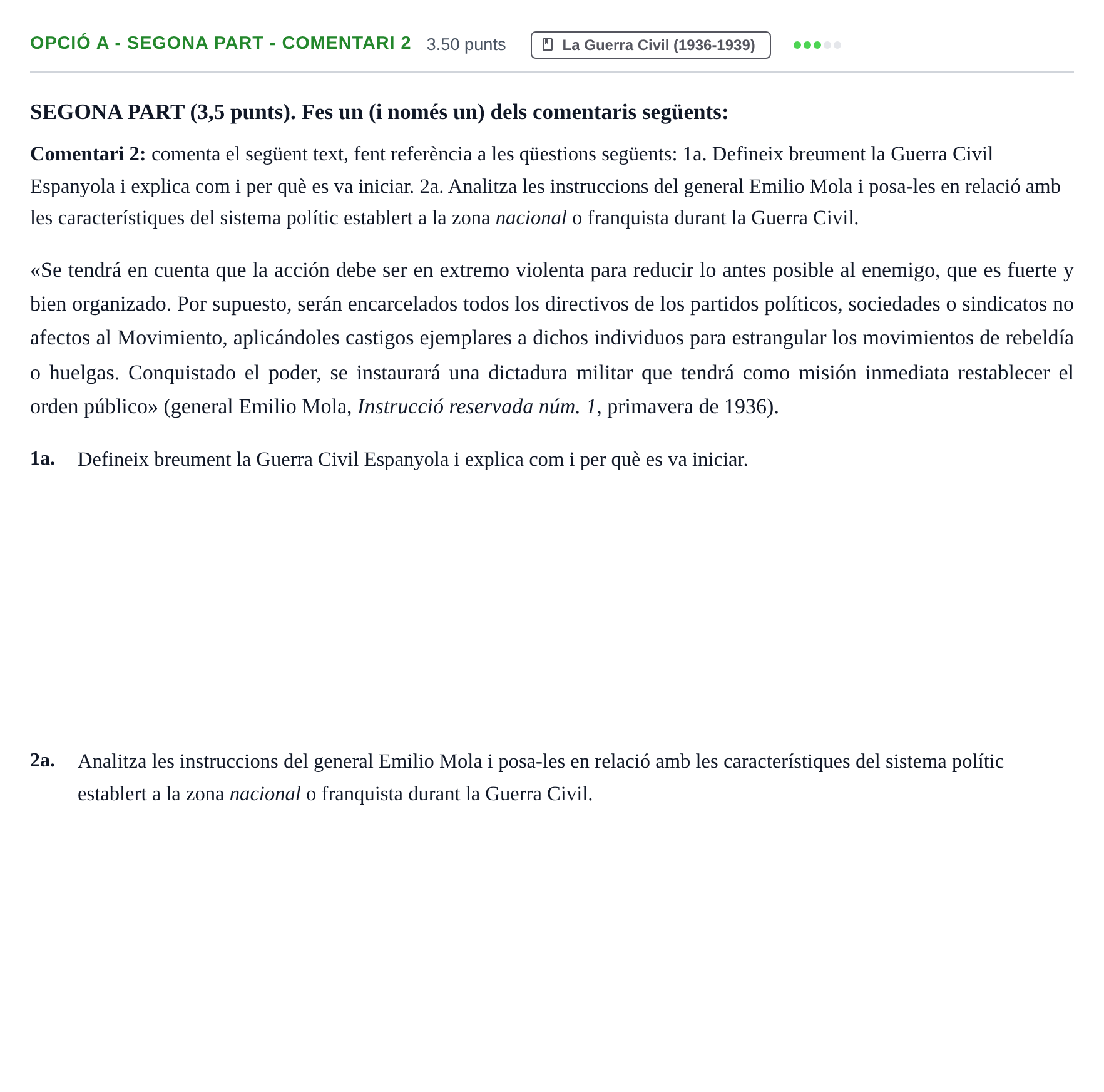 Enunciado: Ejercicio Opció A - Segona part - Comentari 2 · Historia de España PAU Baleares Extraordinaria 2022