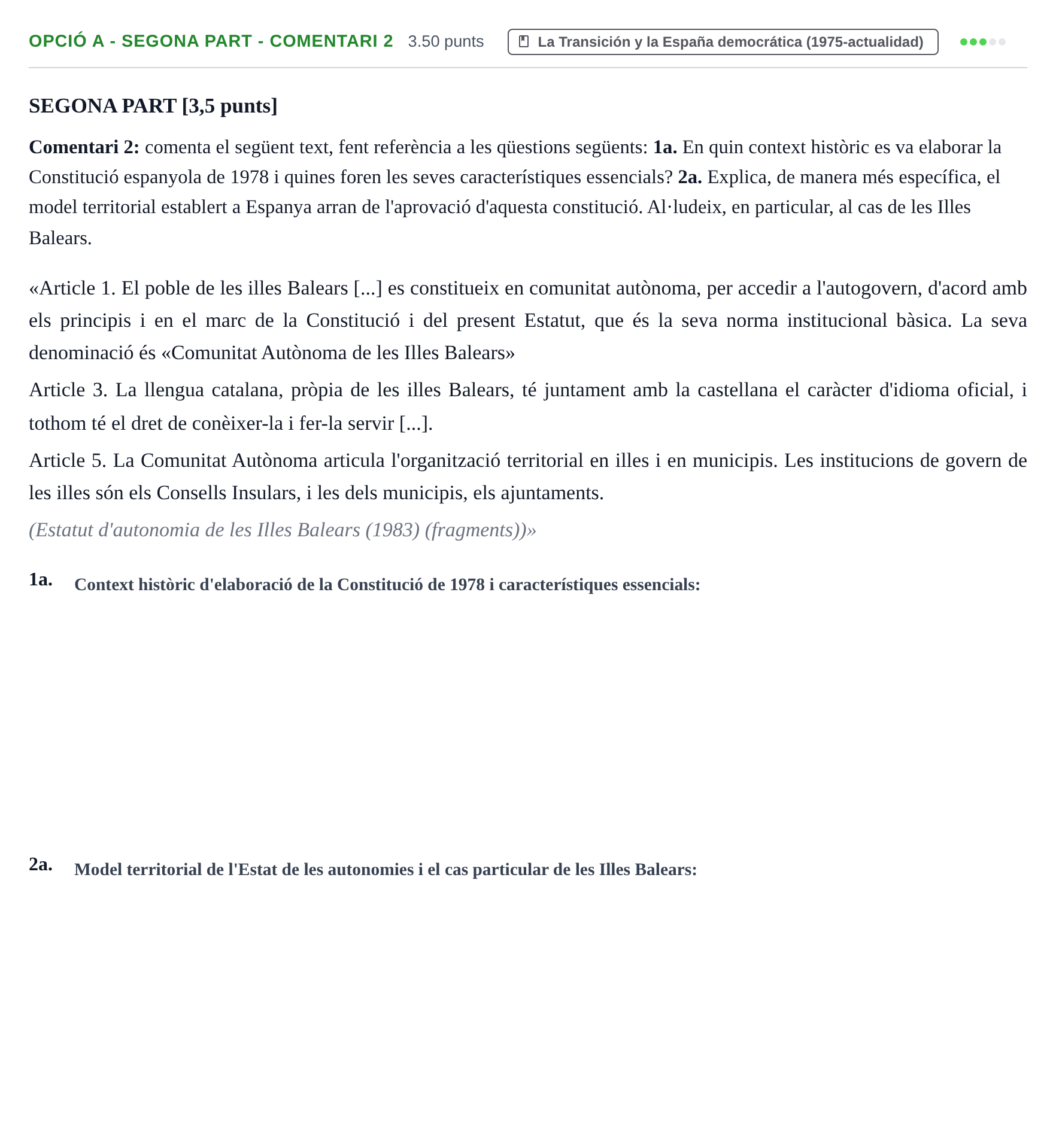 Enunciado: Ejercicio Opció A - Segona part - Comentari 2 · Historia de España PAU Baleares Ordinaria 2022