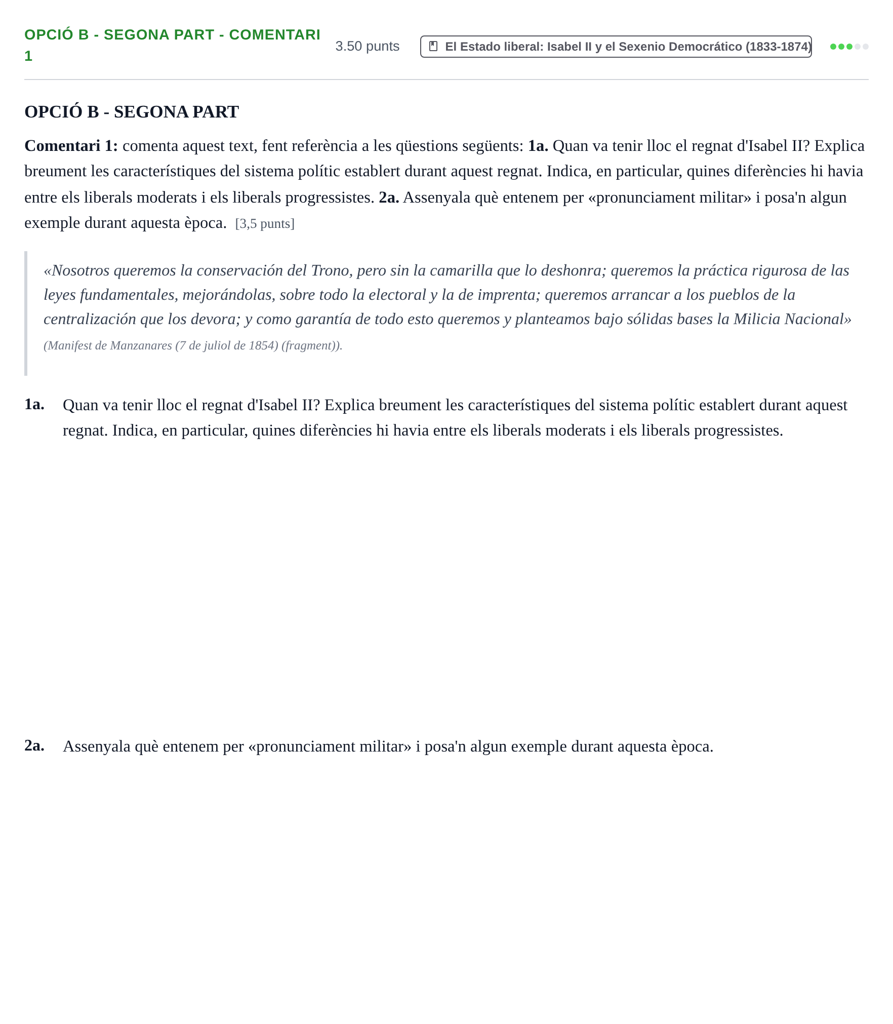 Enunciado: Ejercicio Opció B - Segona part - Comentari 1 · Historia de España PAU Baleares Ordinaria 2022