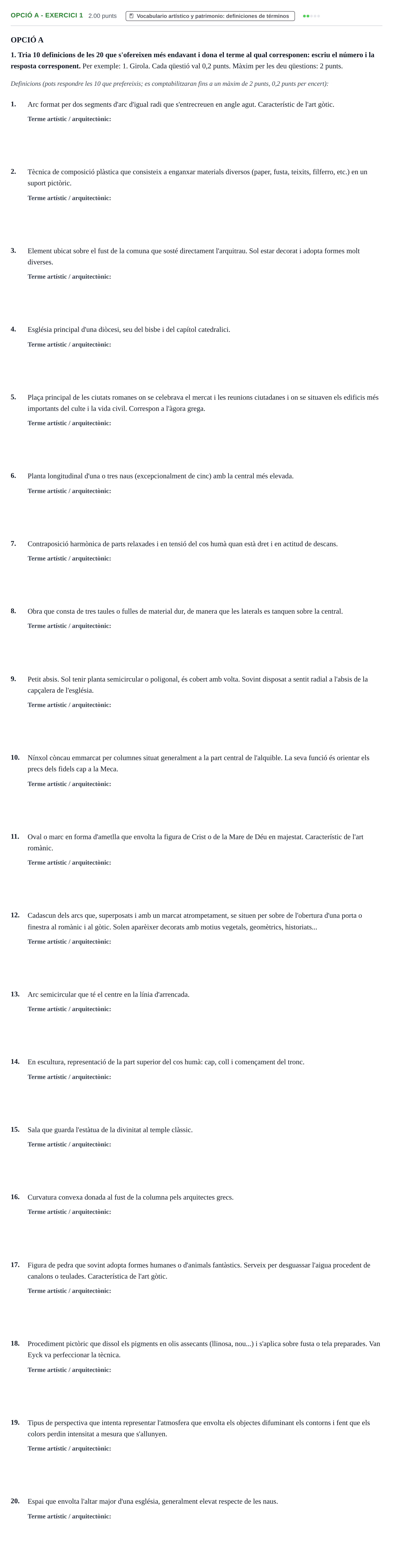 Enunciado: Ejercicio Opció A - Exercici 1 · Historia del Arte PAU Baleares Extraordinaria 2022