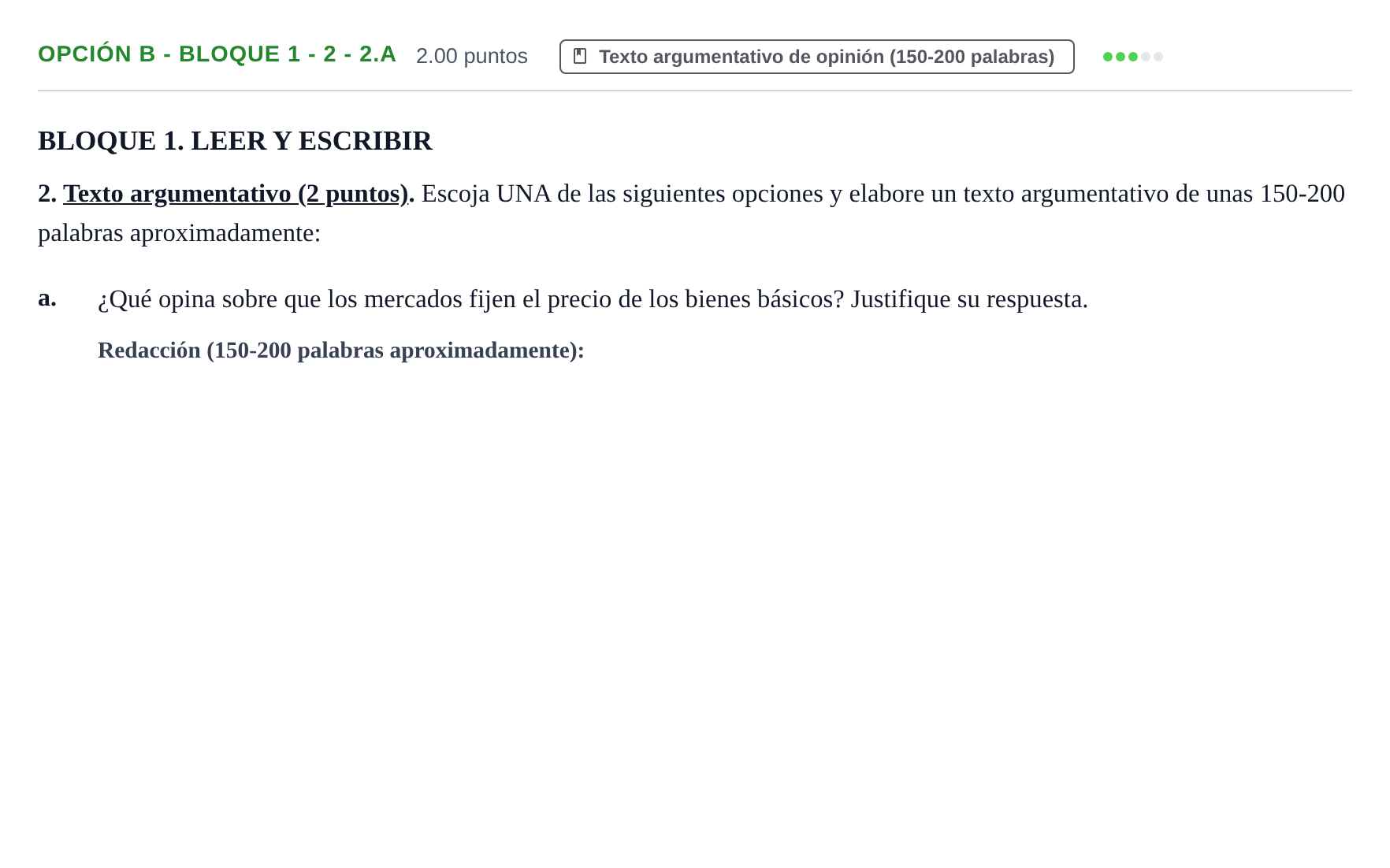 Enunciado: Opción B - Bloque 1 - 2 - 2.a · Lengua Castellana y Literatura II PAU Baleares Extraordinaria 2022