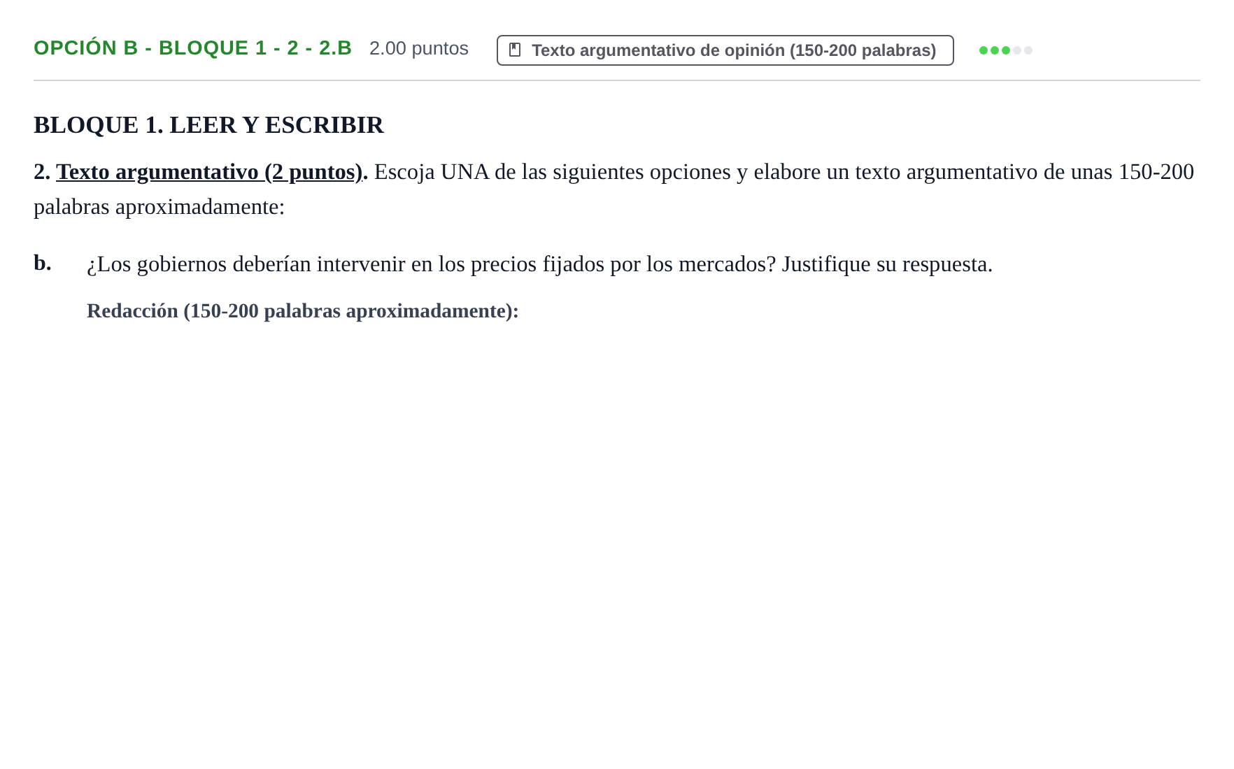 Enunciado: Opción B - Bloque 1 - 2 - 2.b · Lengua Castellana y Literatura II PAU Baleares Extraordinaria 2022