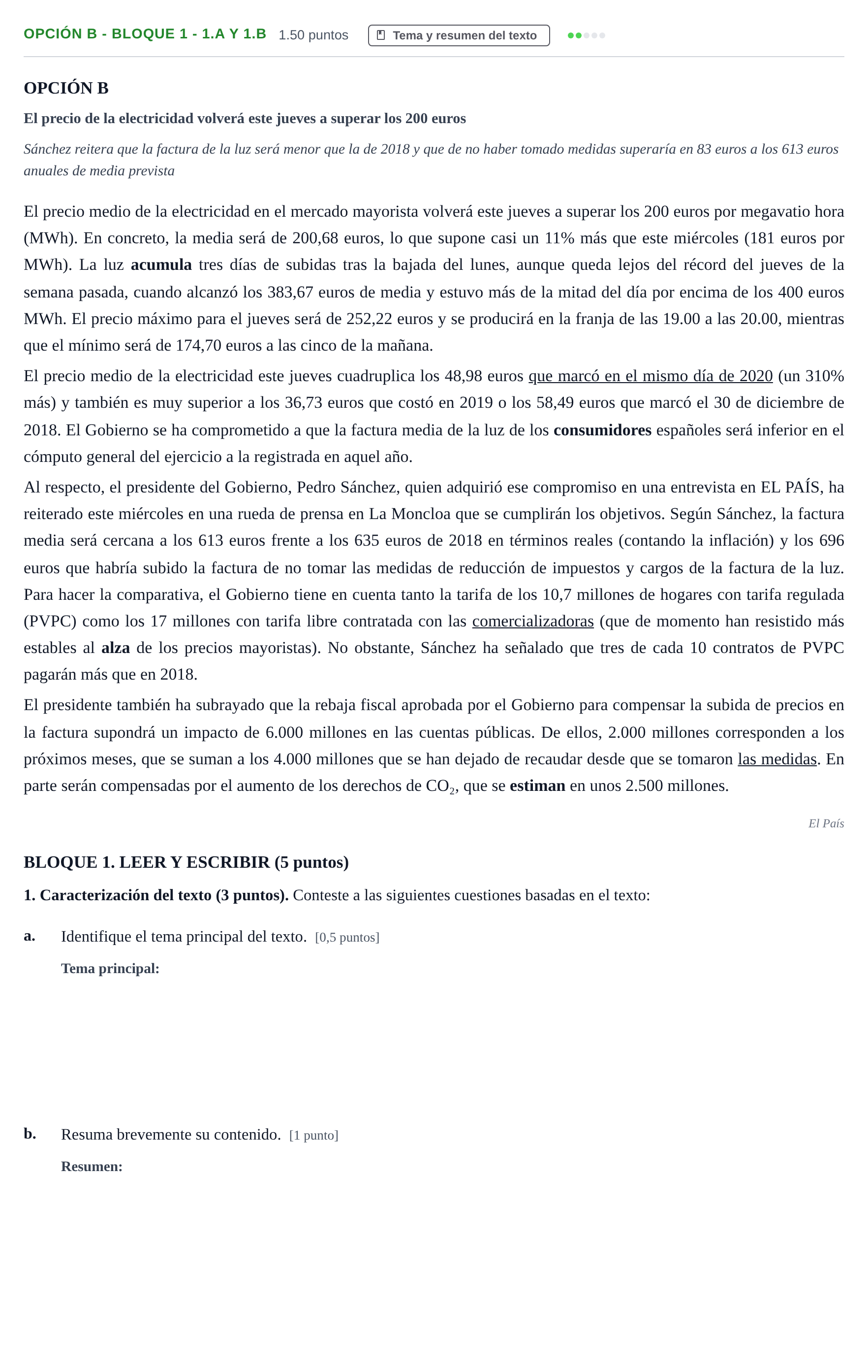 Enunciado: Opción B - Bloque 1 - 1.a y 1.b · Lengua Castellana y Literatura II PAU Baleares Extraordinaria 2022