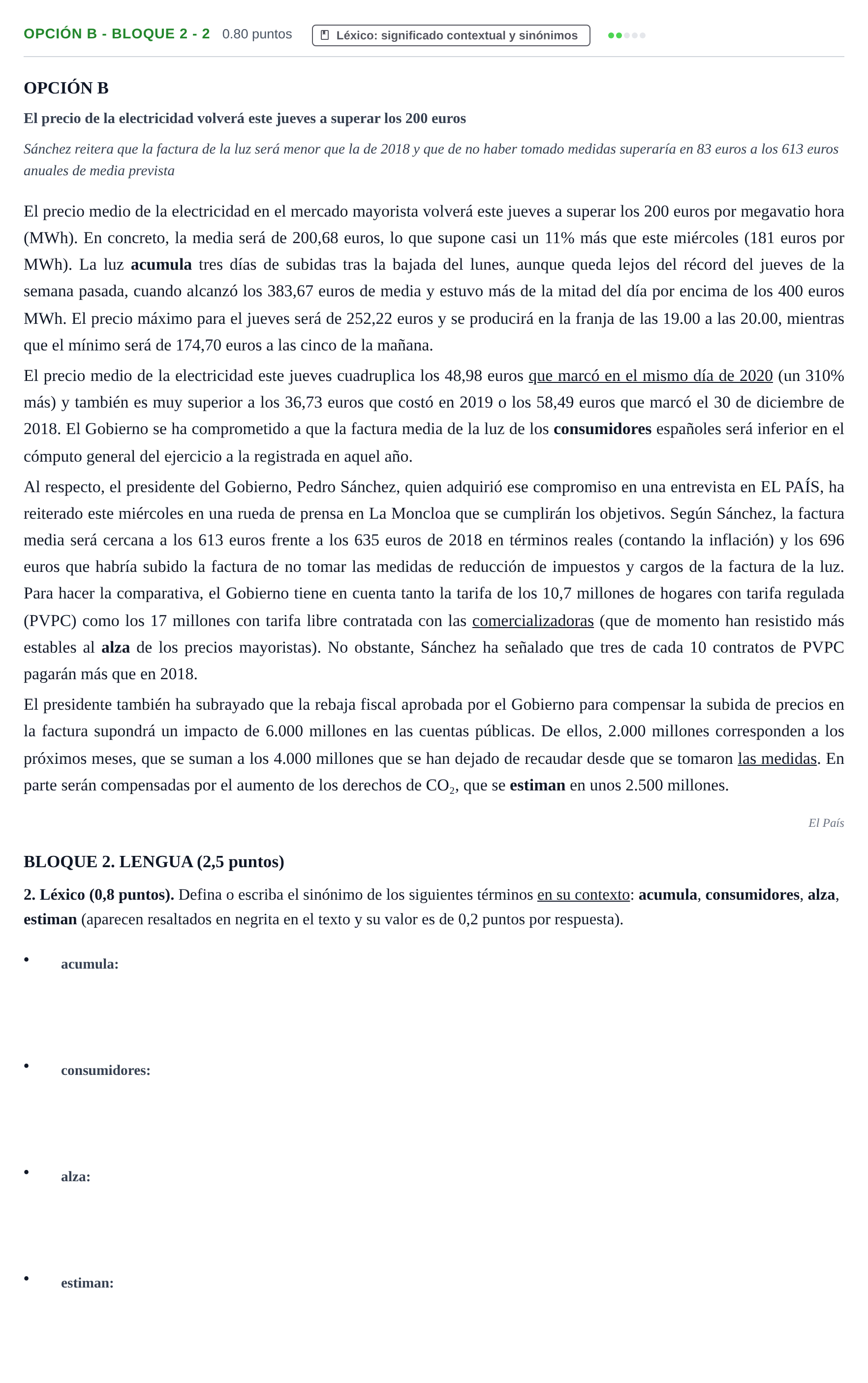 Enunciado: Opción B - Bloque 2 - 2 · Lengua Castellana y Literatura II PAU Baleares Extraordinaria 2022