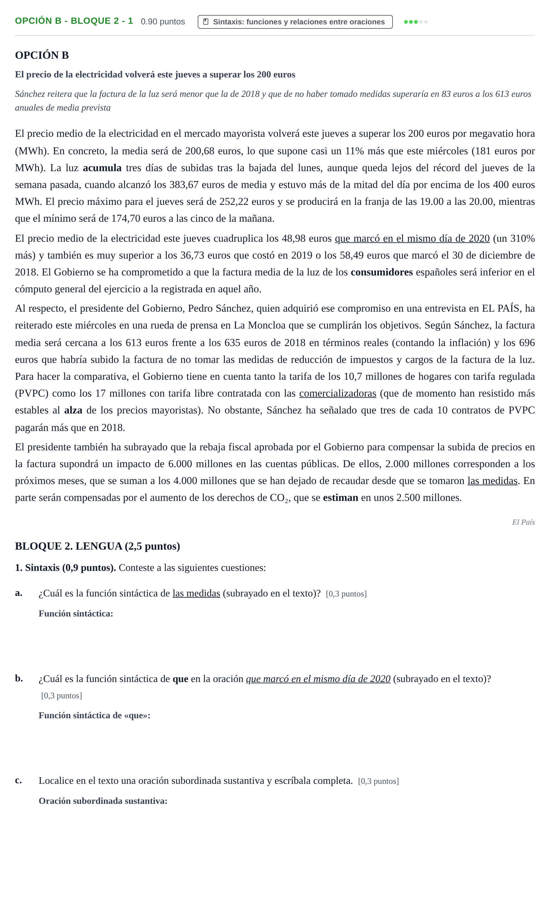 Enunciado: Opción B - Bloque 2 - 1 · Lengua Castellana y Literatura II PAU Baleares Extraordinaria 2022