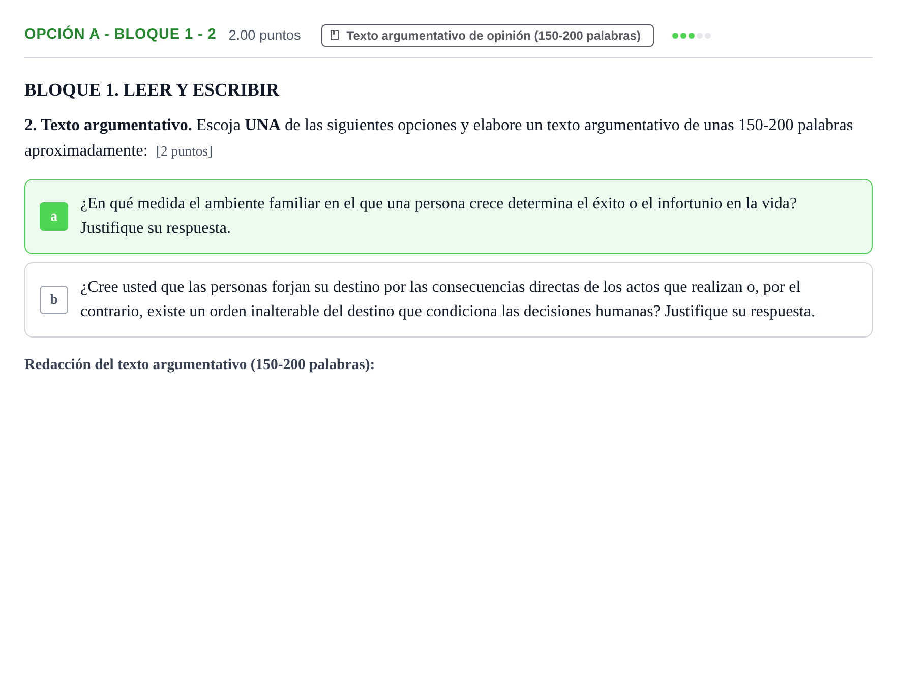 Enunciado: Opción A - Bloque 1 - 2 · Lengua Castellana y Literatura II PAU Baleares Ordinaria 2022
