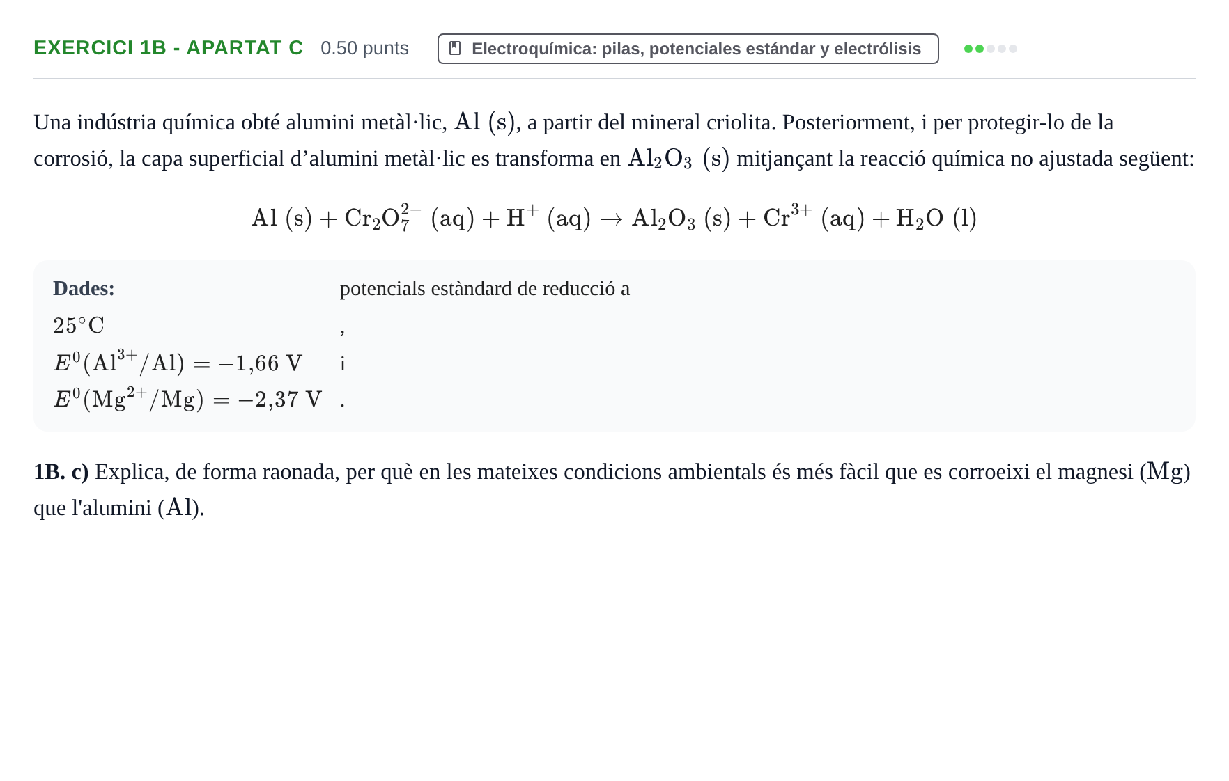 Enunciado: Ejercicio 1B - Apartat c · Química PAU Baleares Extraordinaria 2022