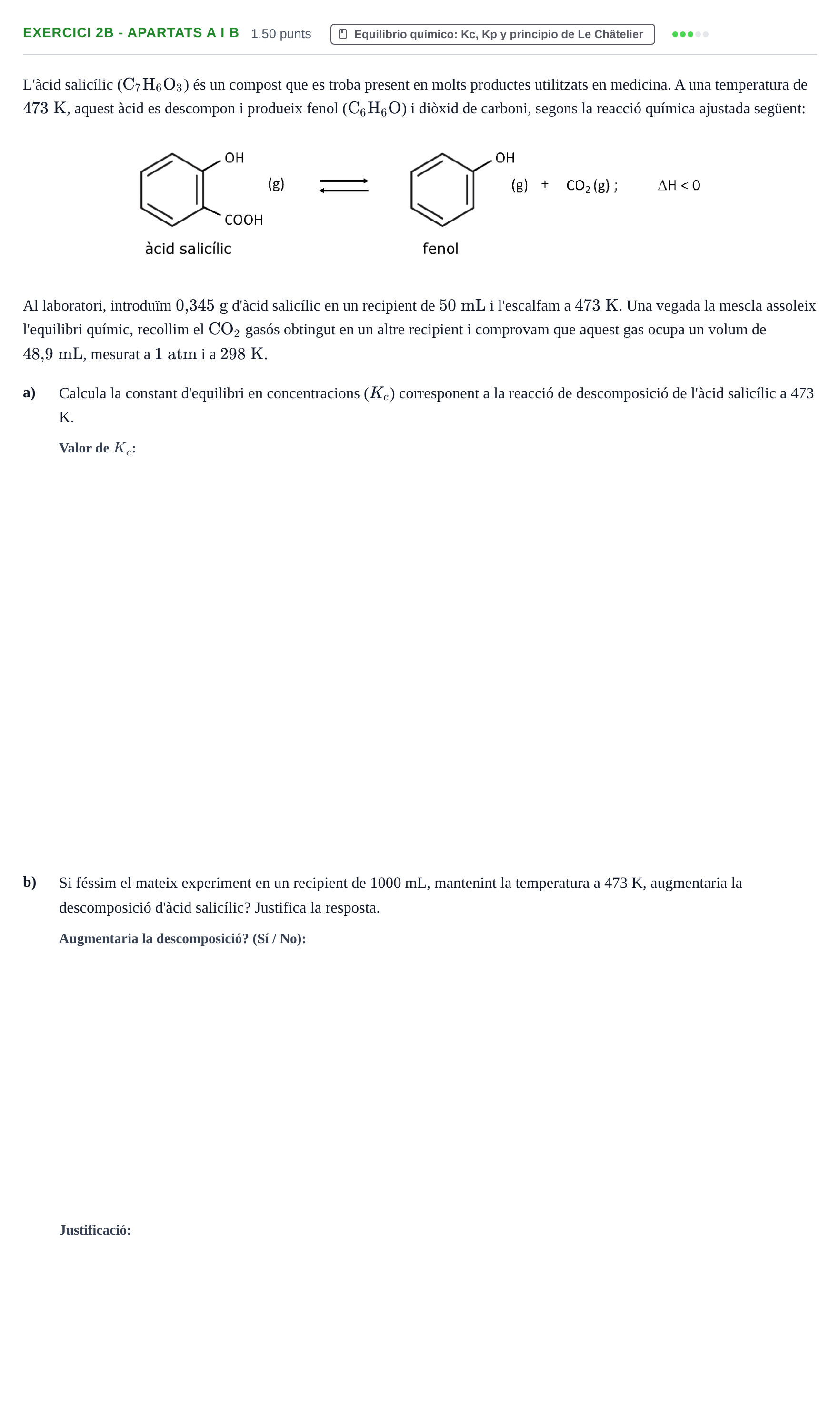 Enunciado: Ejercicio 2B - Apartats a i b · Química PAU Baleares Extraordinaria 2022