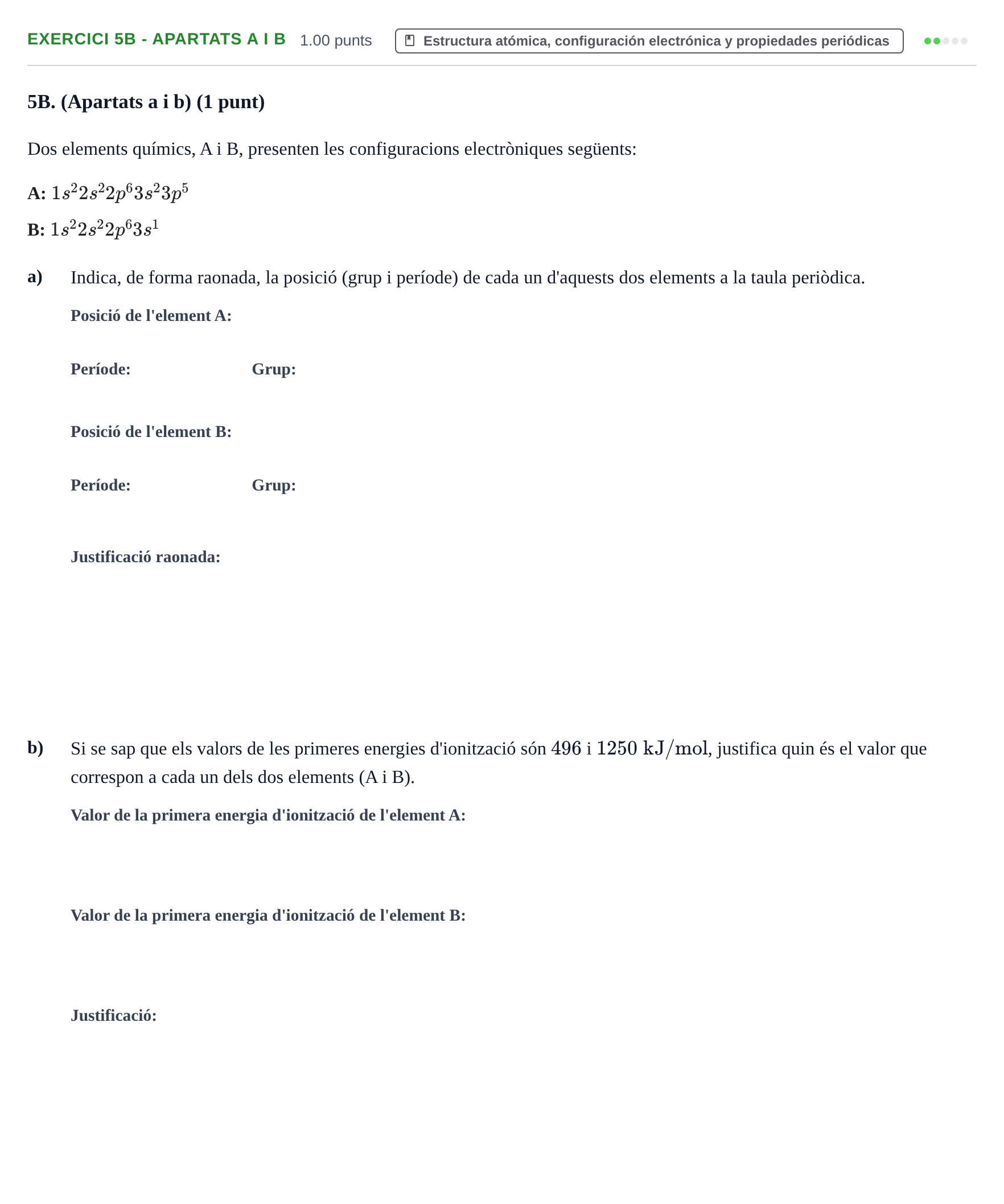 Enunciado: Ejercicio 5B - Apartats a i b · Química PAU Baleares Extraordinaria 2022