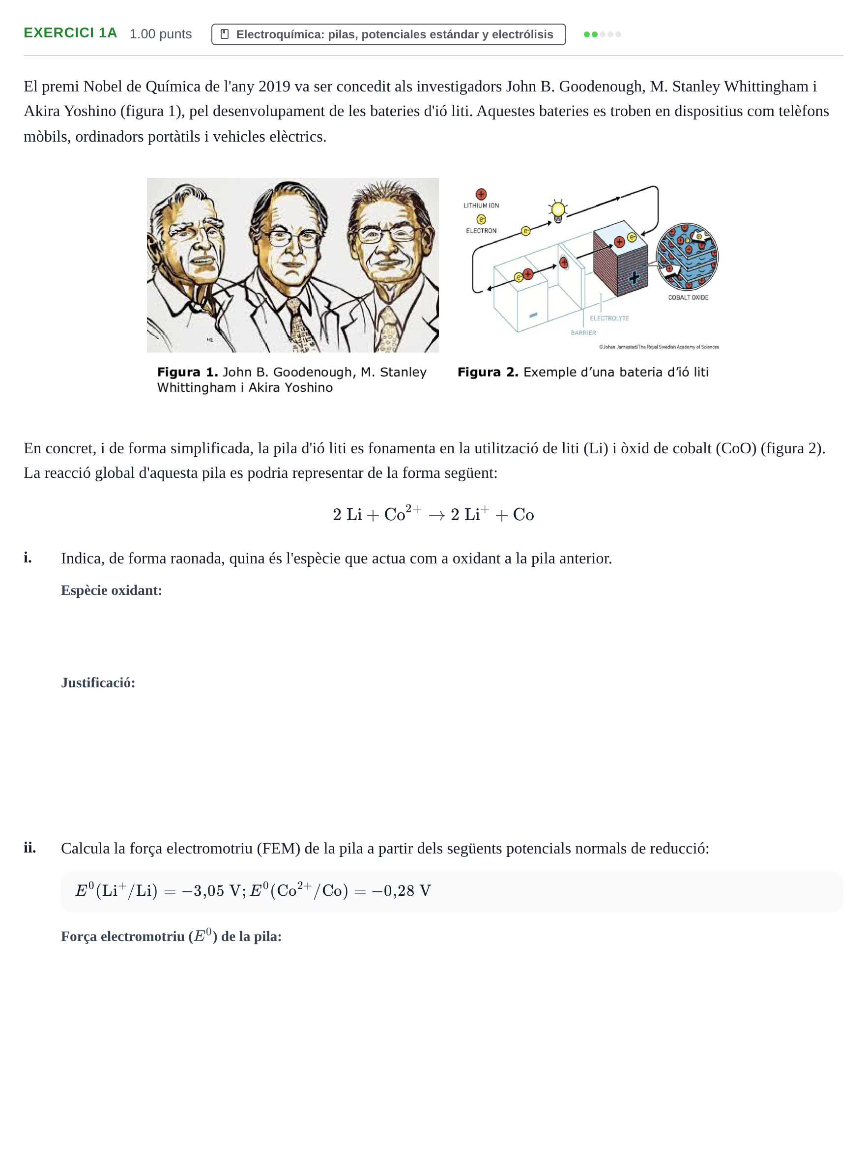Enunciado: Ejercicio 1A - Electroquímica · Química PAU Baleares Ordinaria 2022