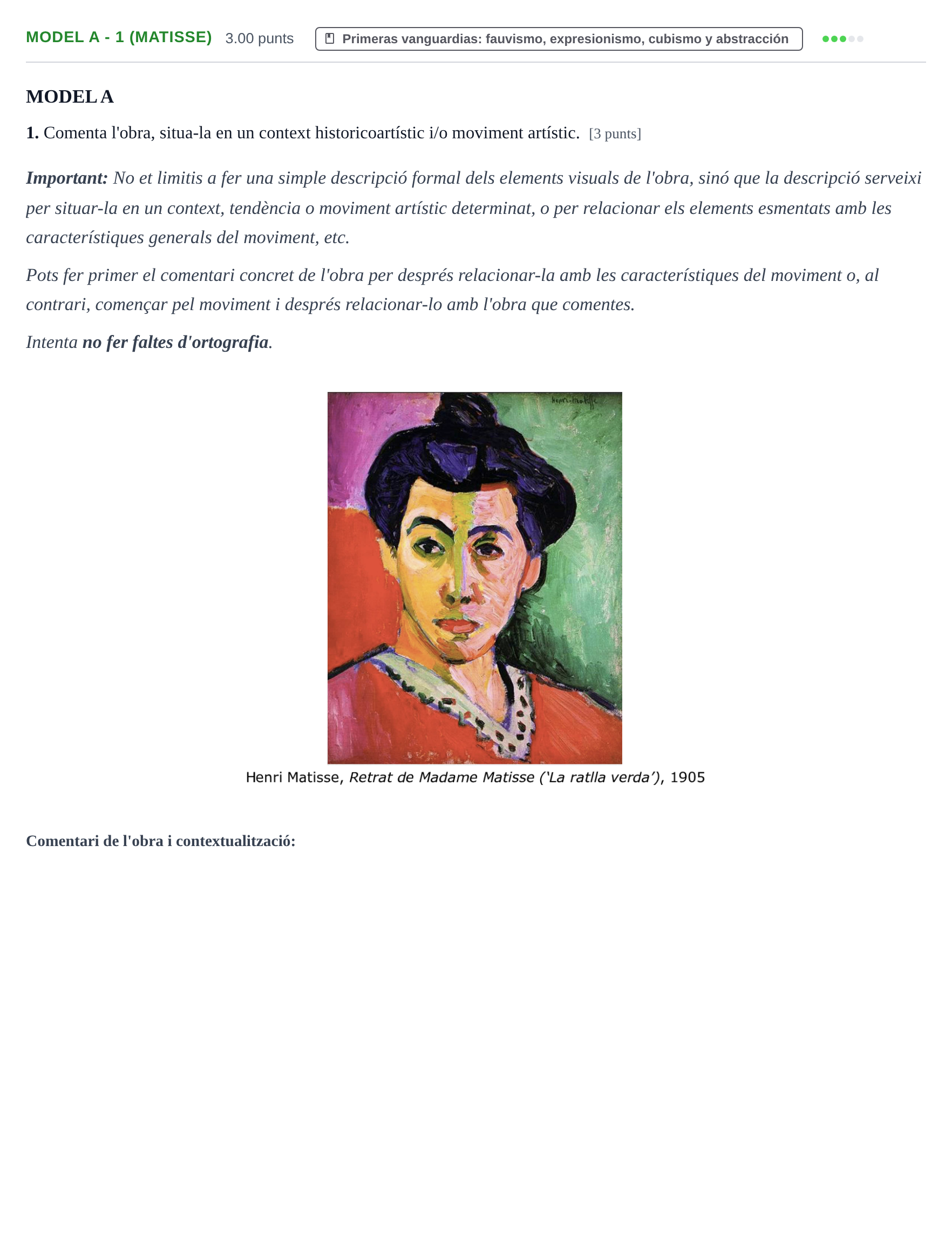 Enunciado: Ejercicio Model A - 1 (Matisse) · Fundamentos Artísticos PAU Baleares Ordinaria 2021