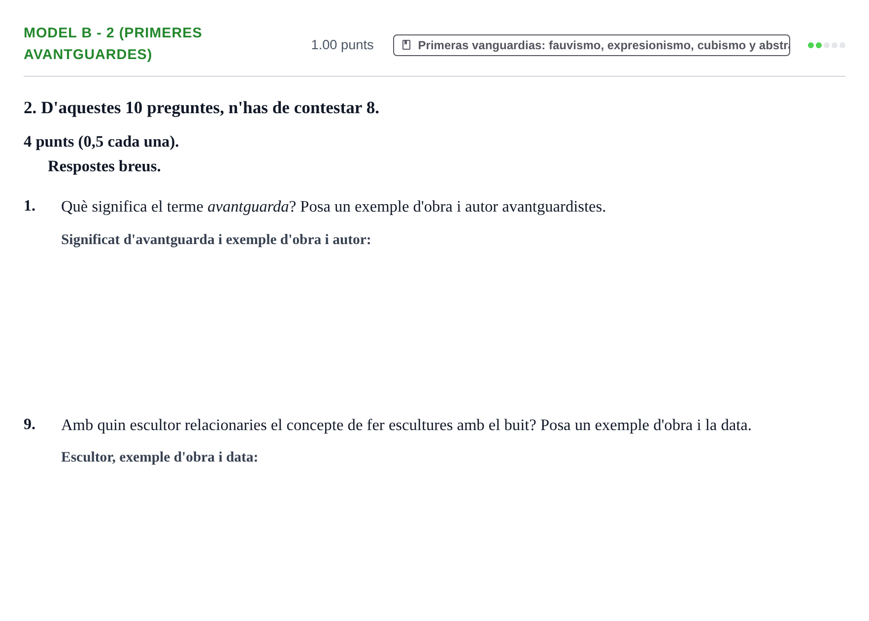 Enunciado: Ejercicio Model B - 2 (Primeres avantguardes) · Fundamentos Artísticos PAU Baleares Ordinaria 2021