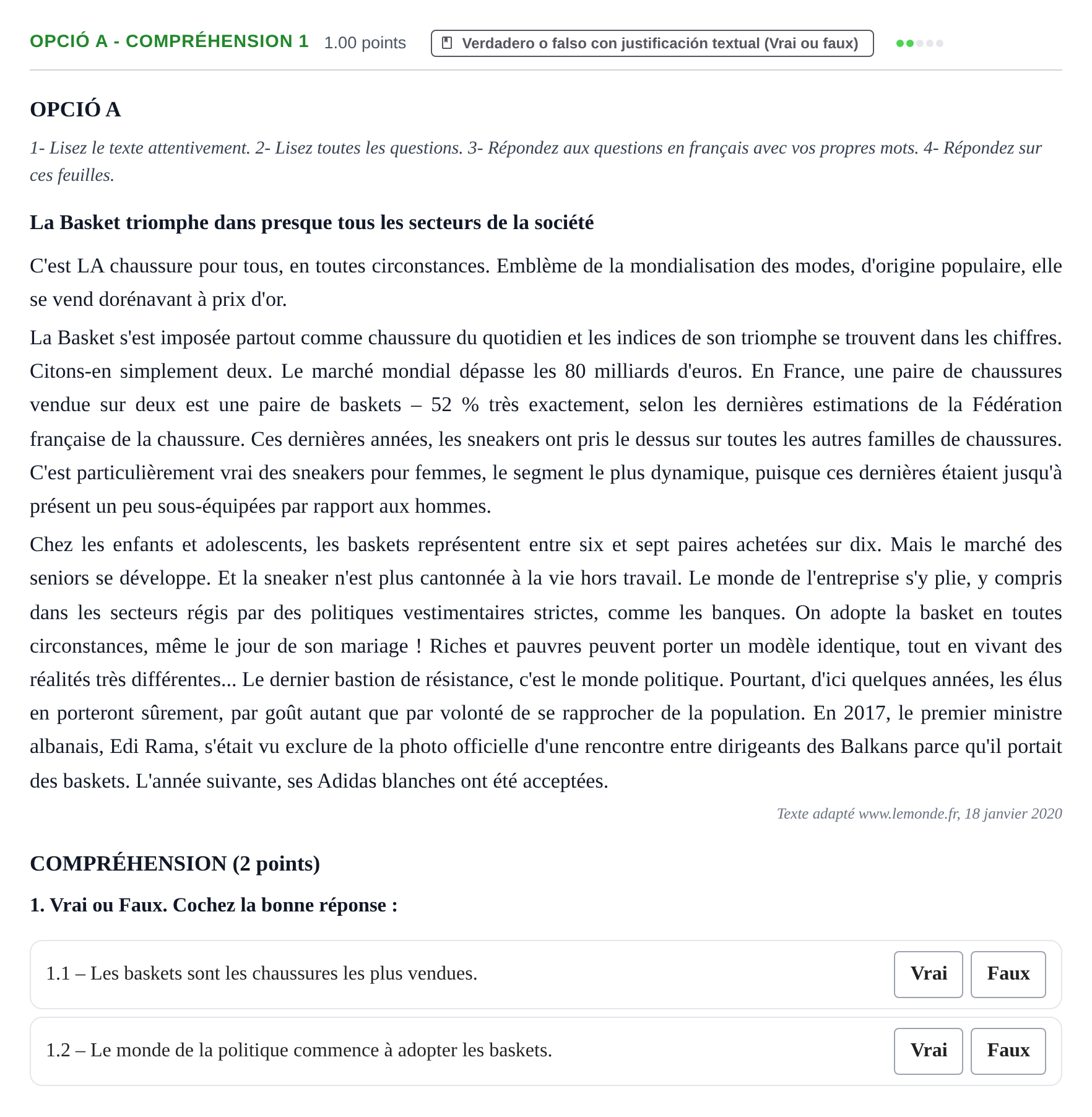 Enunciado: Ejercicio Opció A - Compréhension 1 · Francés PAU Baleares Extraordinaria 2021