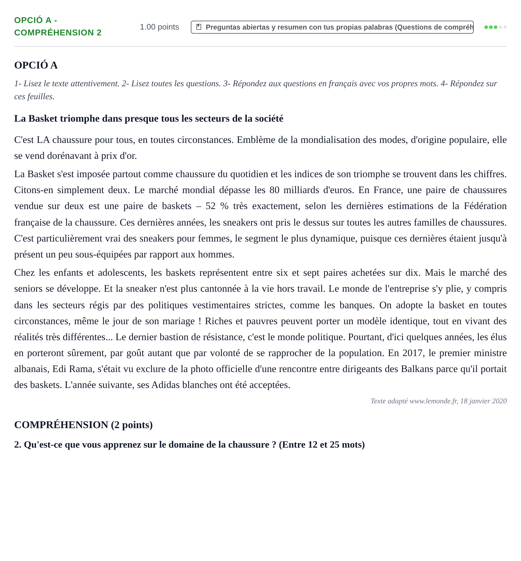 Enunciado: Ejercicio Opció A - Compréhension 2 · Francés PAU Baleares Extraordinaria 2021