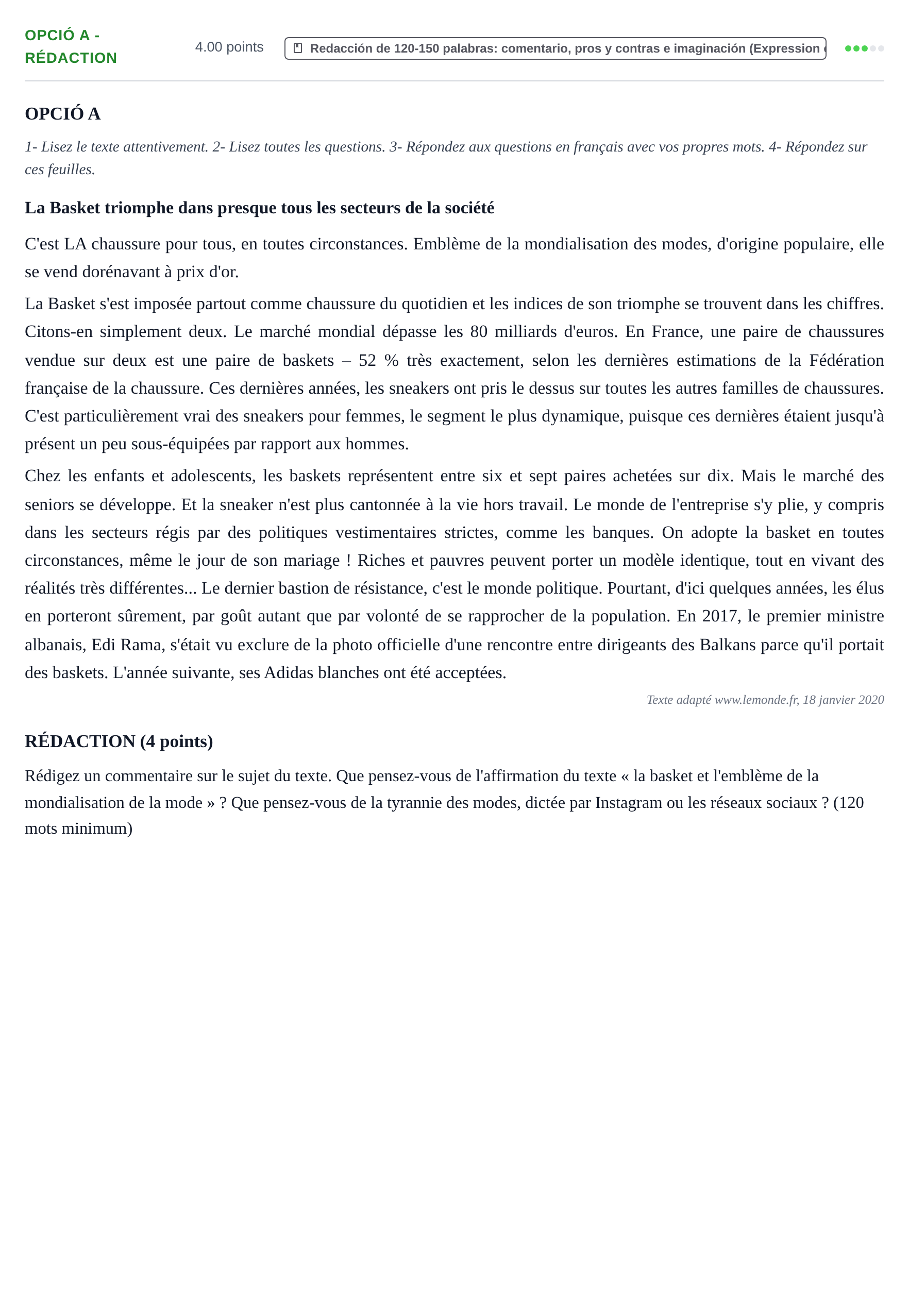 Enunciado: Ejercicio Opció A - Rédaction · Francés PAU Baleares Extraordinaria 2021