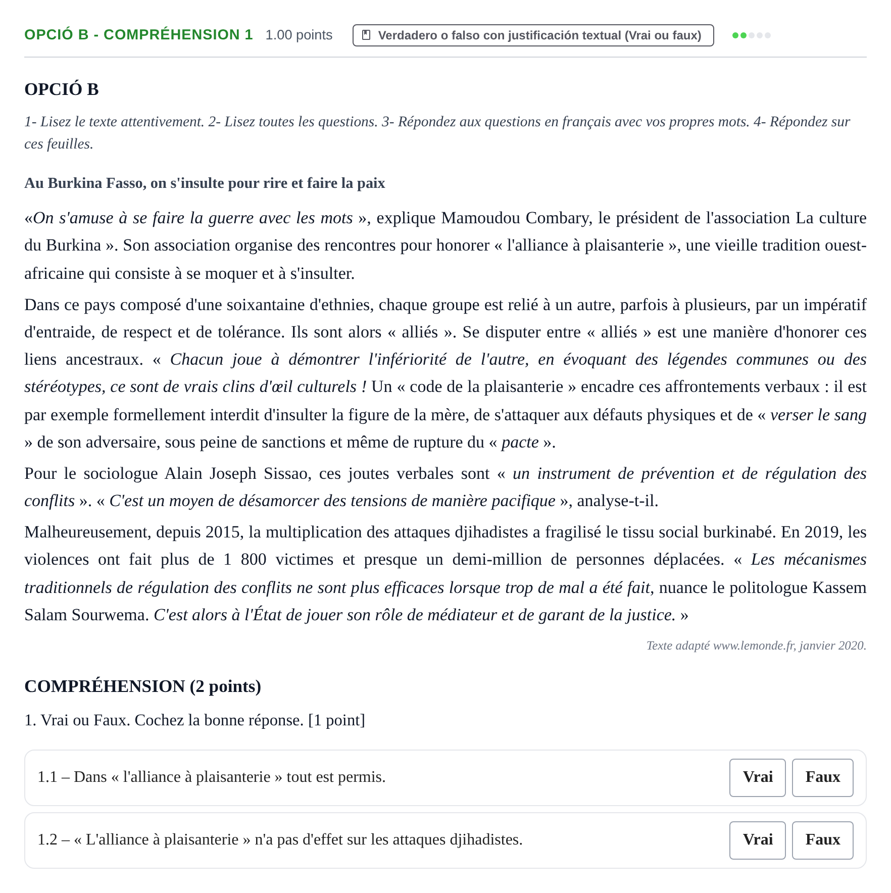 Enunciado: Ejercicio Opció B - Compréhension 1 · Francés PAU Baleares Extraordinaria 2021