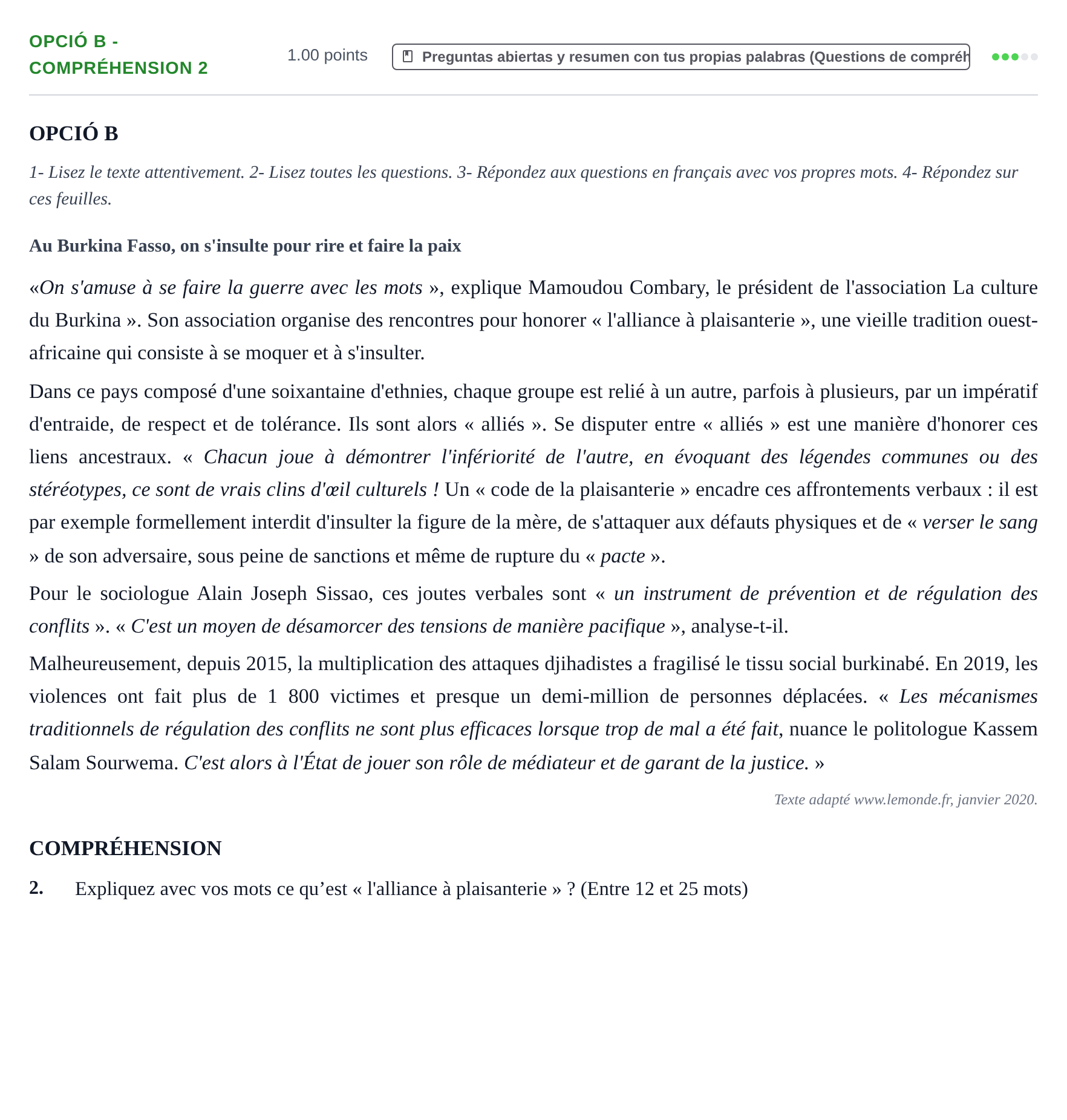Enunciado: Ejercicio Opció B - Compréhension 2 · Francés PAU Baleares Extraordinaria 2021