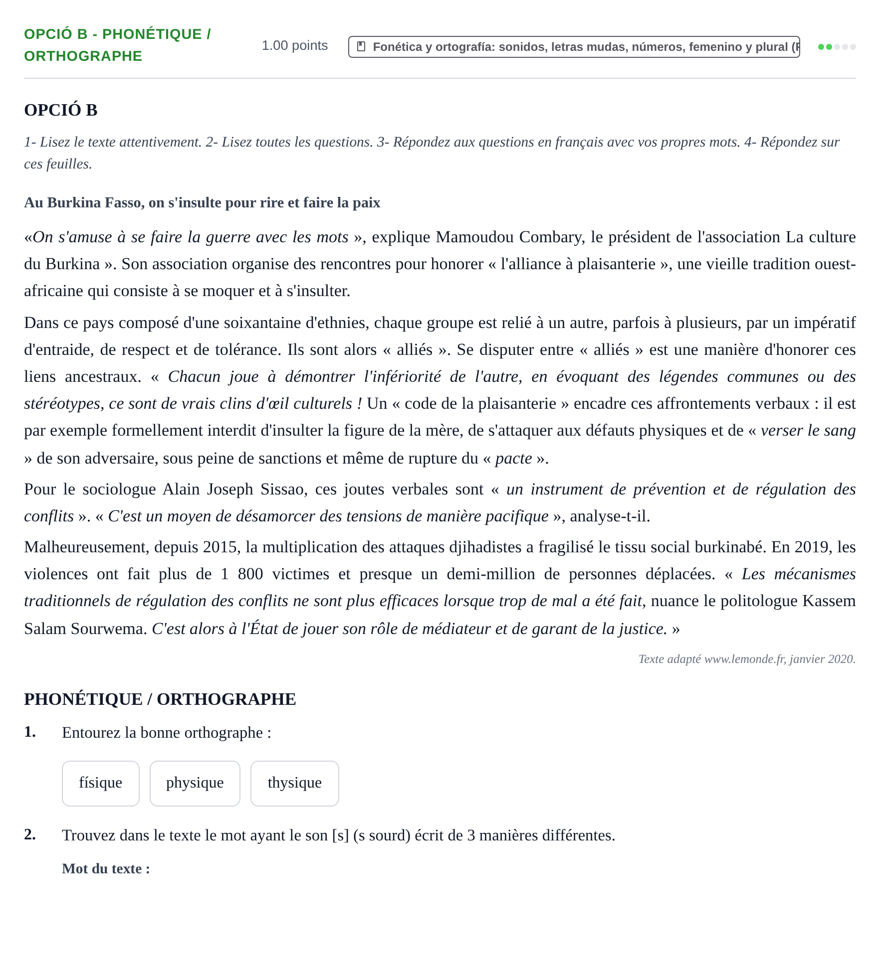 Enunciado: Ejercicio Opció B - Phonétique / Orthographe · Francés PAU Baleares Extraordinaria 2021
