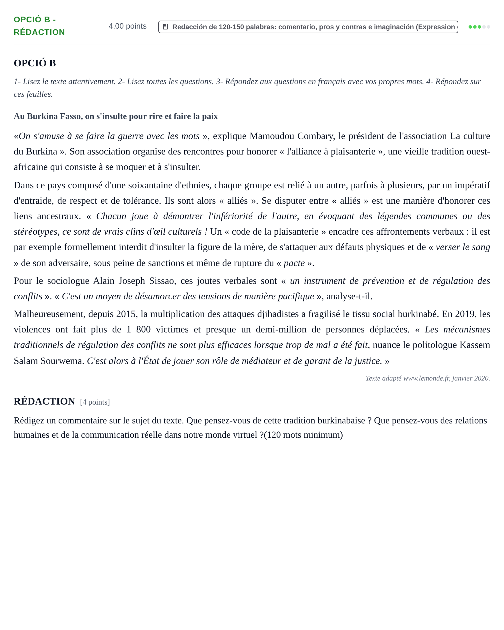 Enunciado: Ejercicio Opció B - Rédaction · Francés PAU Baleares Extraordinaria 2021