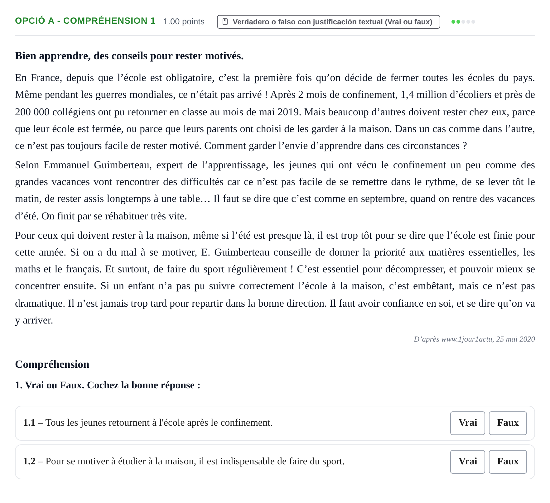 Enunciado: Ejercicio Opció A - Compréhension 1 · Francés PAU Baleares Ordinaria 2021