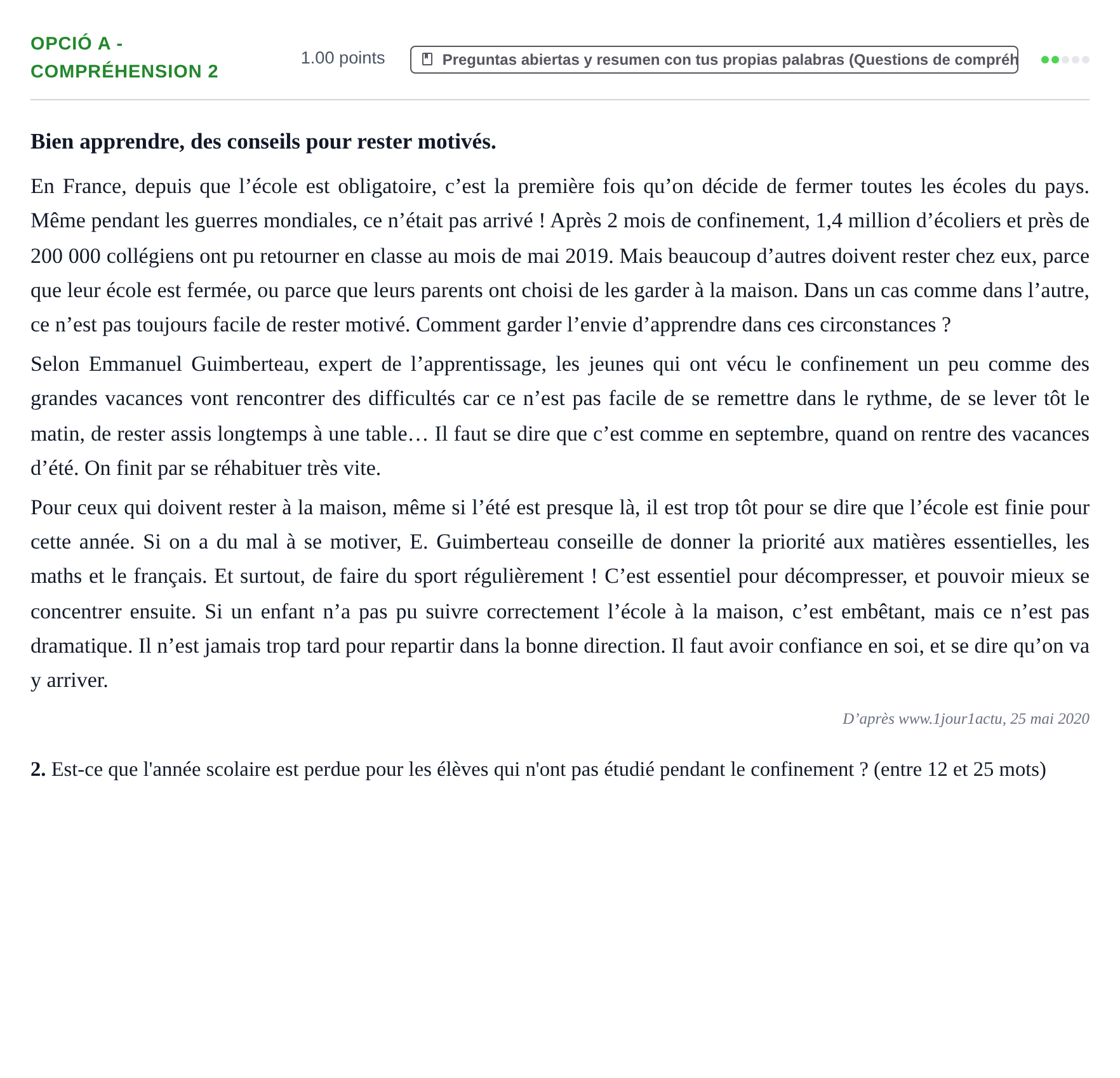 Enunciado: Ejercicio Opció A - Compréhension 2 · Francés PAU Baleares Ordinaria 2021