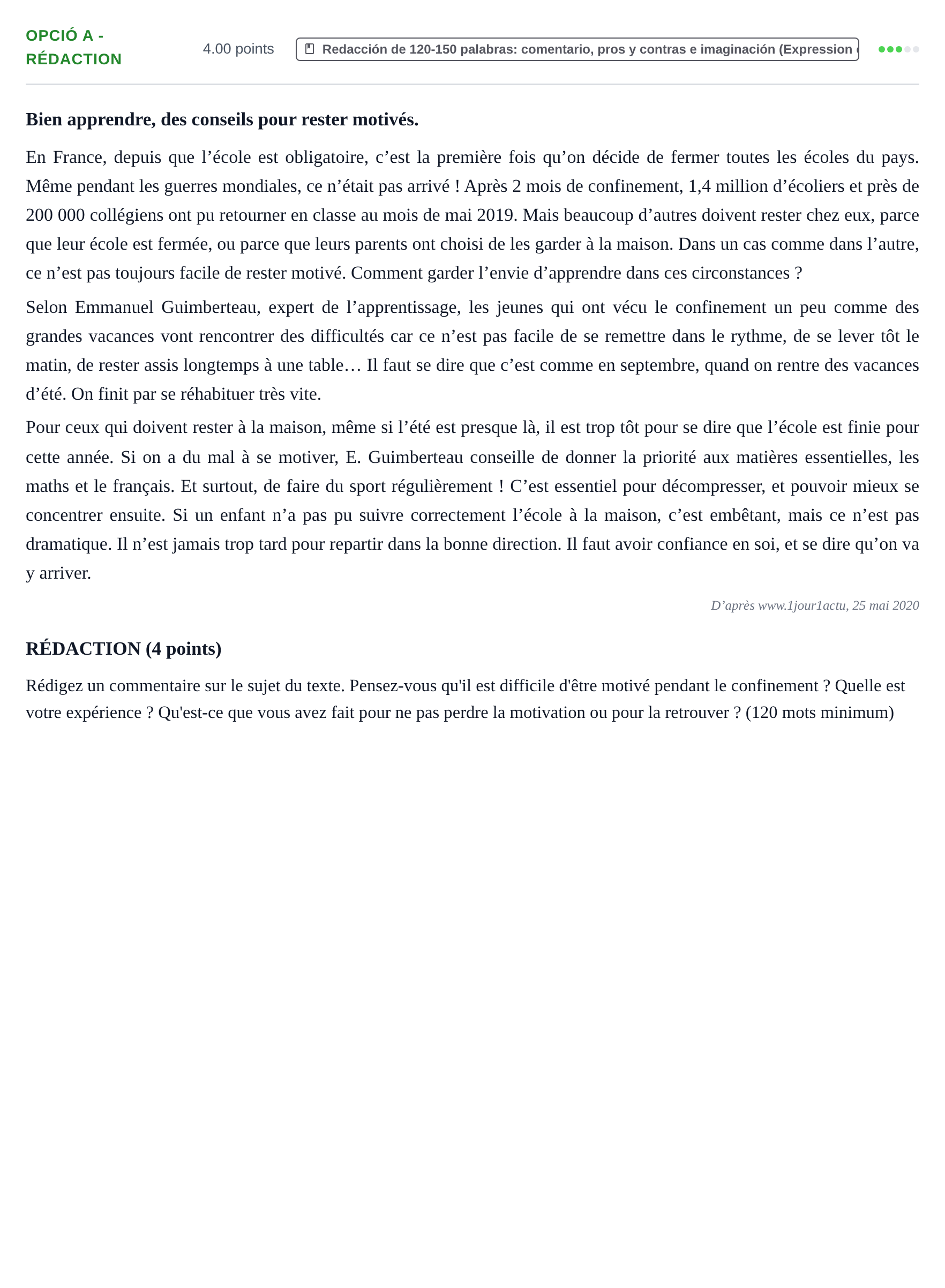 Enunciado: Ejercicio Opció A - Rédaction · Francés PAU Baleares Ordinaria 2021