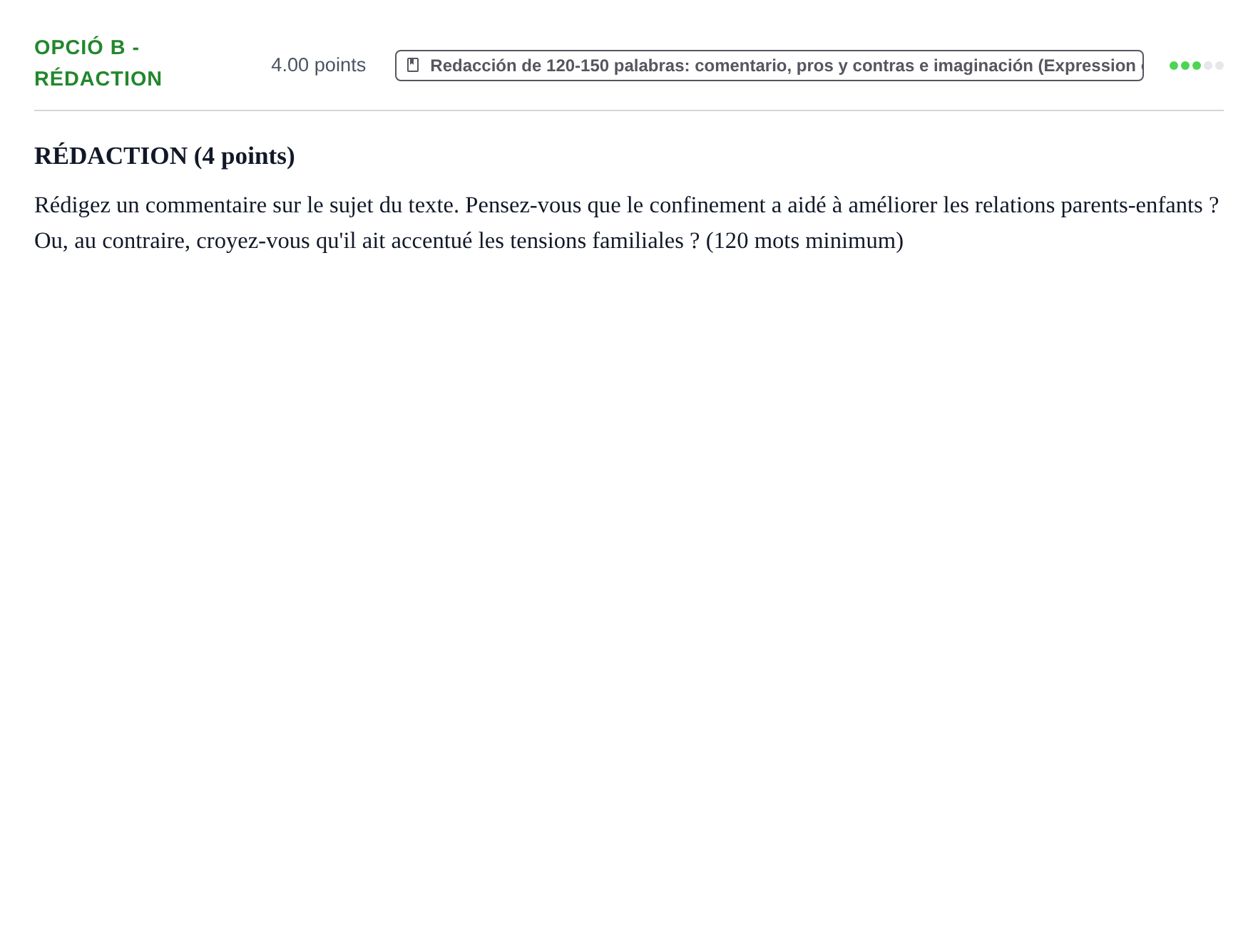 Enunciado: Ejercicio Opció B - Rédaction · Francés PAU Baleares Ordinaria 2021
