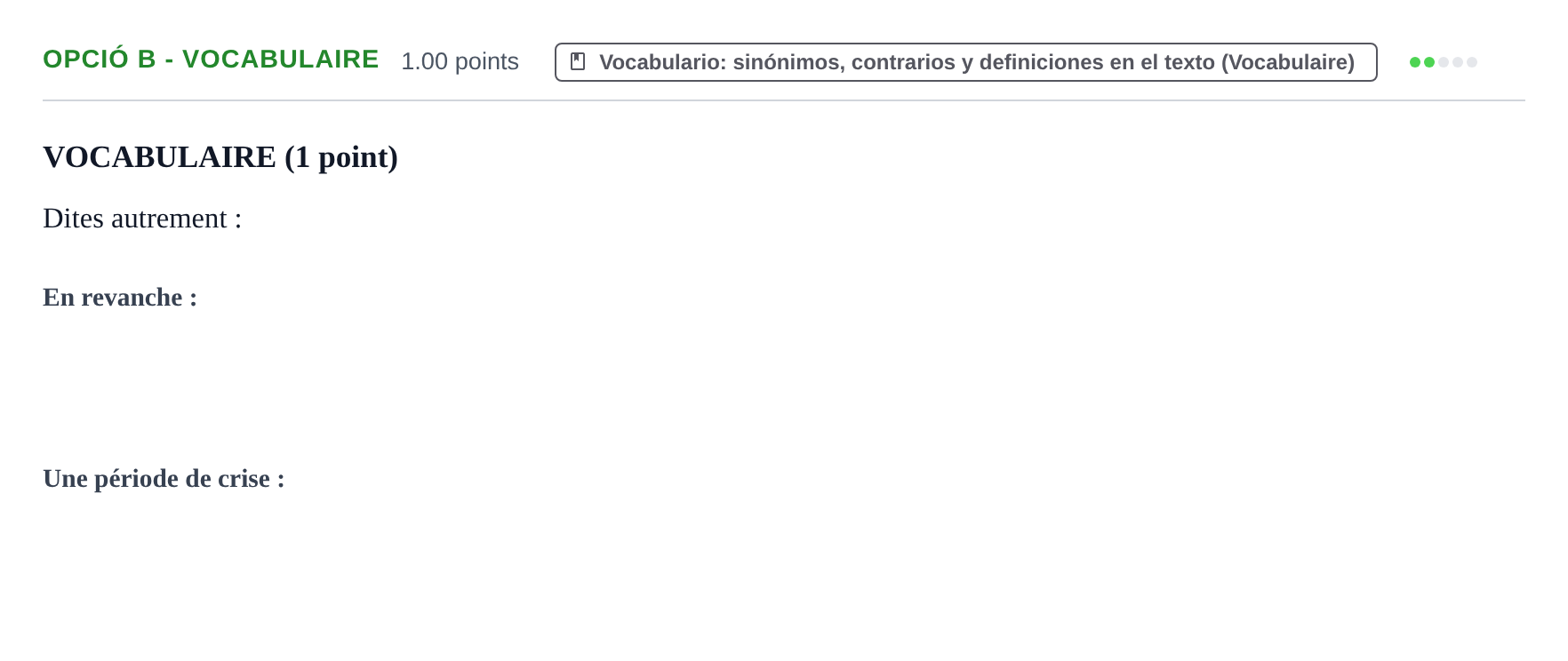 Enunciado: Ejercicio Opció B - Vocabulaire · Francés PAU Baleares Ordinaria 2021