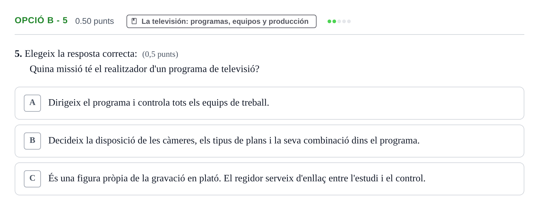 Enunciado: Ejercicio Opció B - 5 · Cultura Audiovisual II PAU Baleares Ordinaria 2021