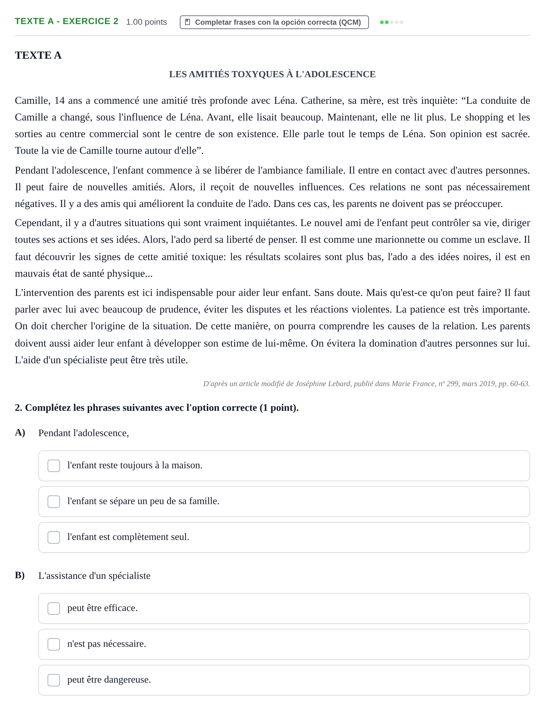Enunciado: Ejercicio Texte A - Exercice 2 · Francés PAU La Rioja Extraordinaria 2022