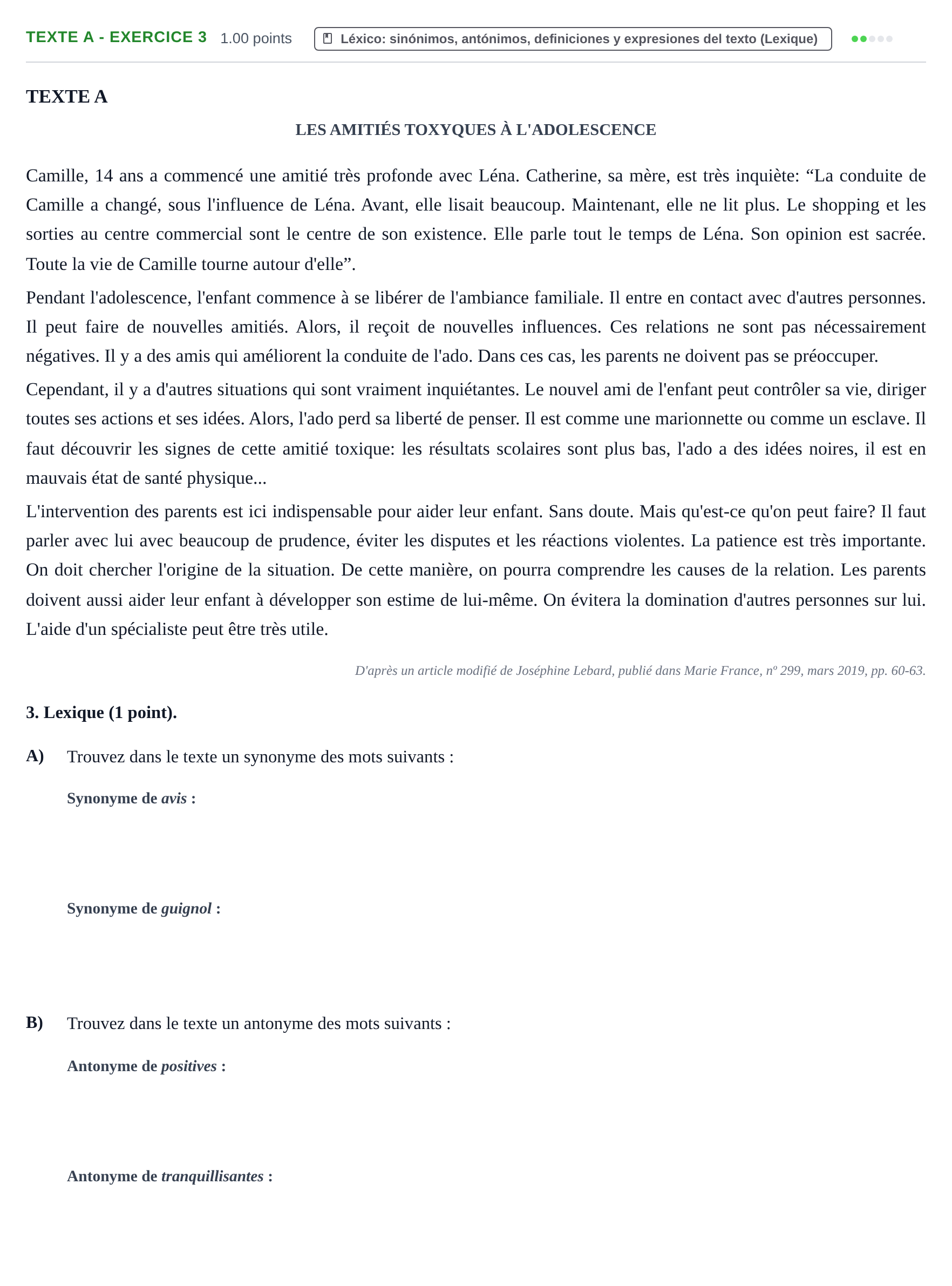 Enunciado: Ejercicio Texte A - Exercice 3 · Francés PAU La Rioja Extraordinaria 2022