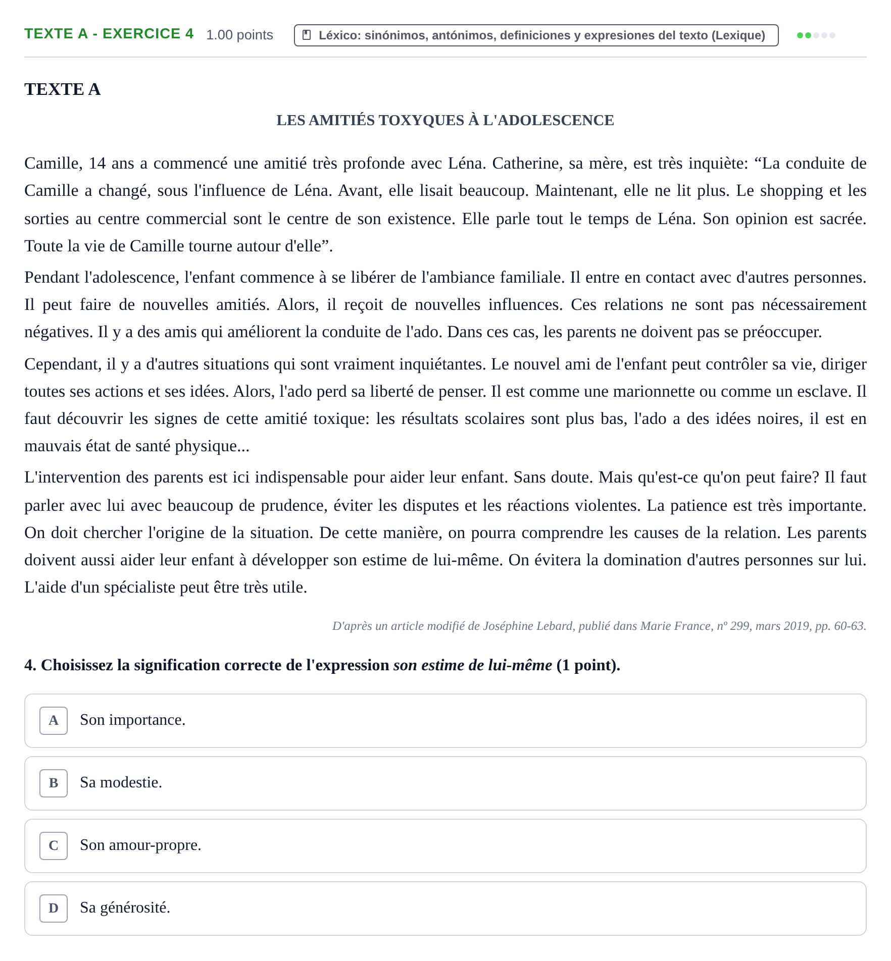 Enunciado: Ejercicio Texte A - Exercice 4 · Francés PAU La Rioja Extraordinaria 2022