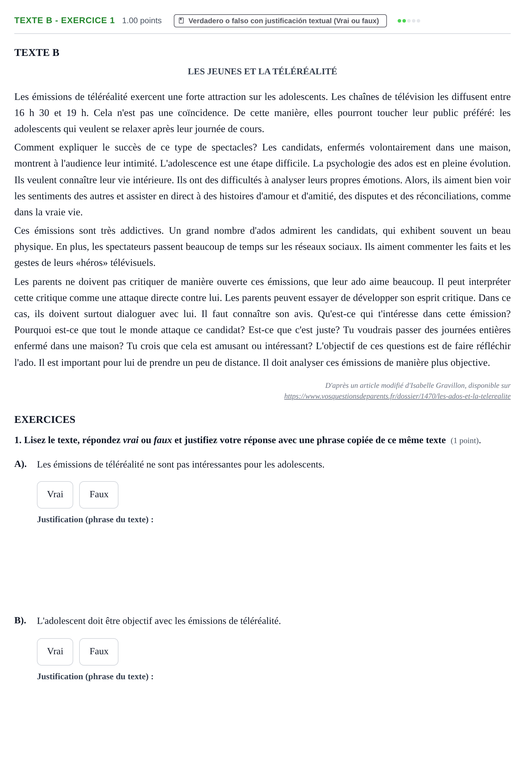 Enunciado: Ejercicio Texte B - Exercice 1 · Francés PAU La Rioja Extraordinaria 2022