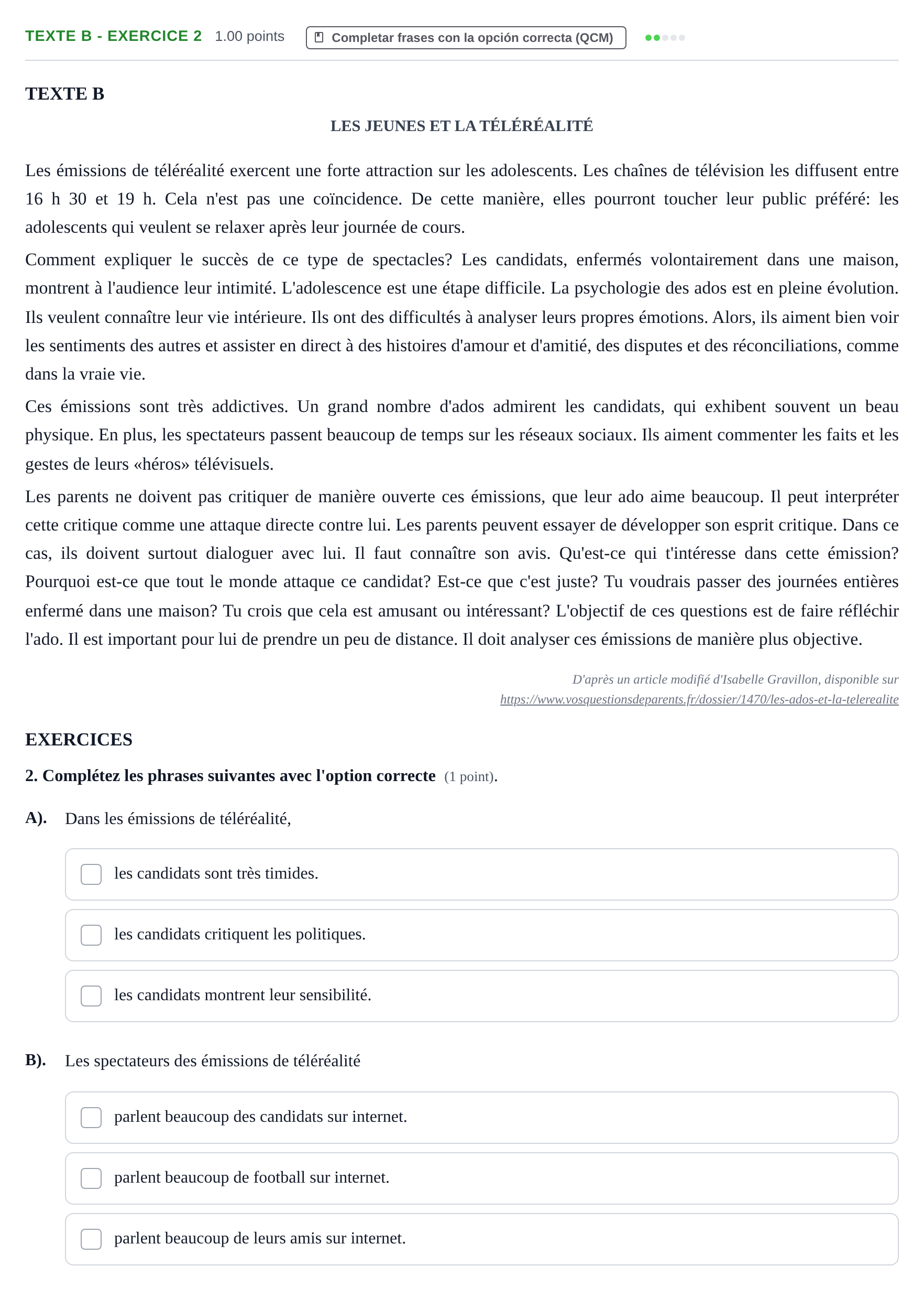 Enunciado: Ejercicio Texte B - Exercice 2 · Francés PAU La Rioja Extraordinaria 2022