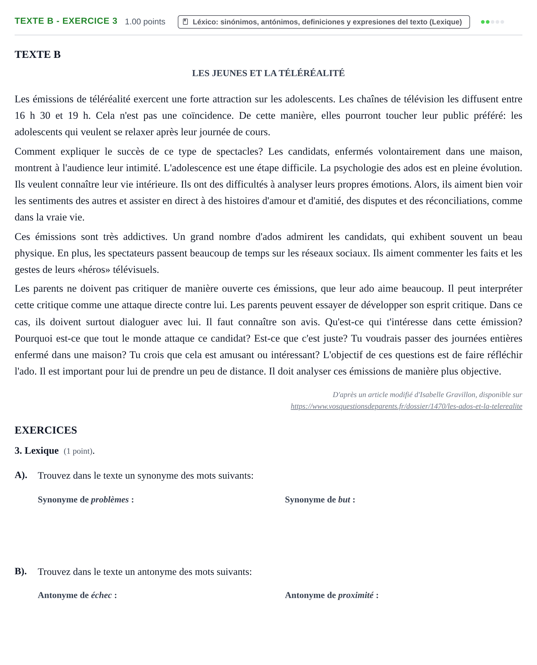 Enunciado: Ejercicio Texte B - Exercice 3 · Francés PAU La Rioja Extraordinaria 2022