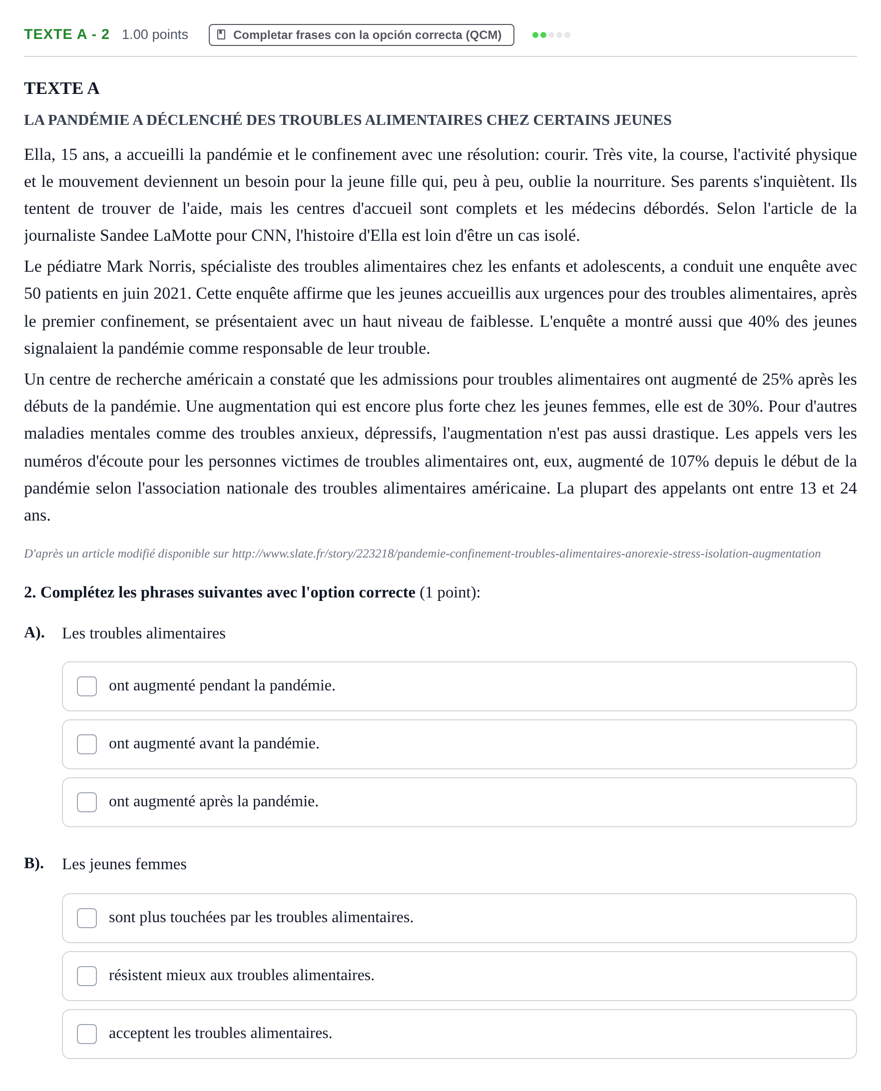 Enunciado: Ejercicio Texte A - 2 · Francés PAU La Rioja Ordinaria 2022