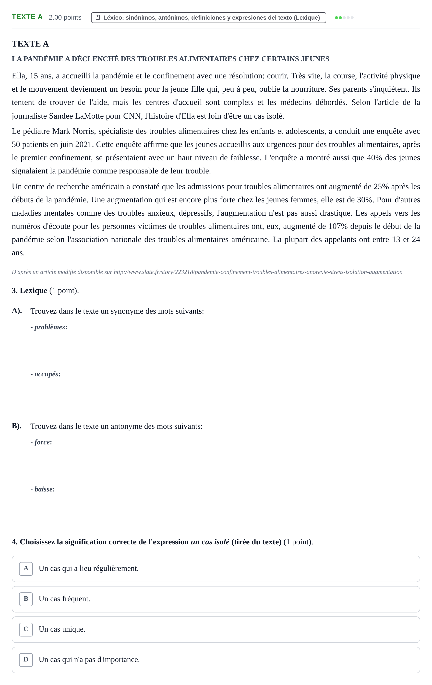 Enunciado: Ejercicio Texte A · Francés PAU La Rioja Ordinaria 2022