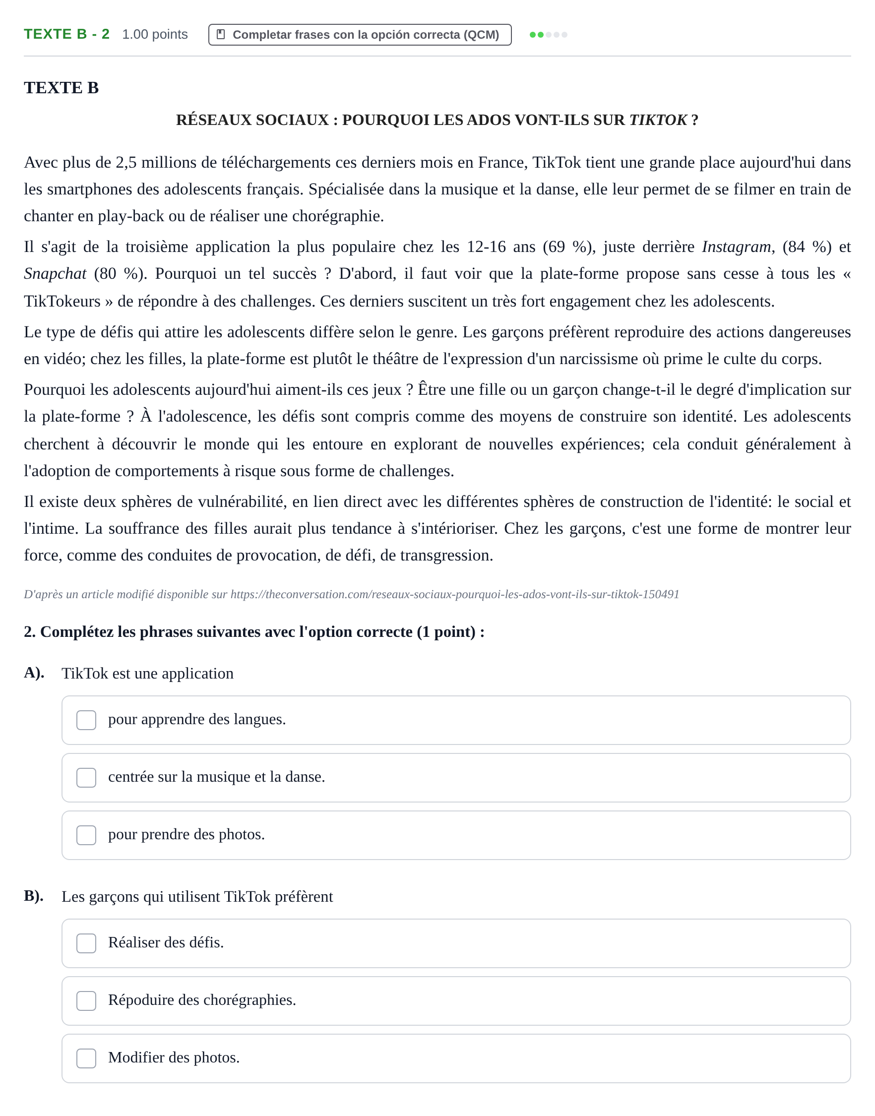 Enunciado: Ejercicio Texte B - 2 · Francés PAU La Rioja Ordinaria 2022