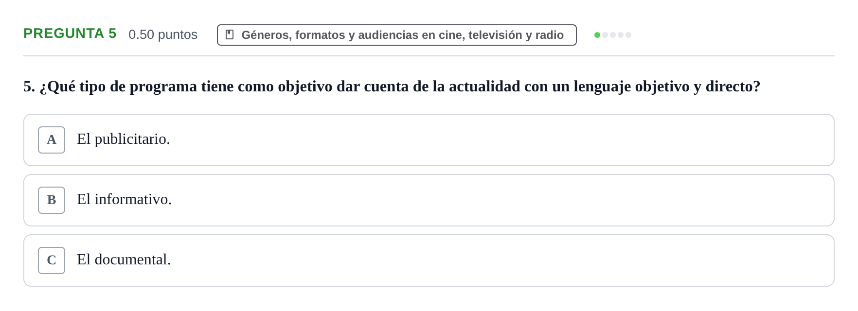 Enunciado: Pregunta 5 · Cultura Audiovisual II PAU La Rioja Extraordinaria 2022