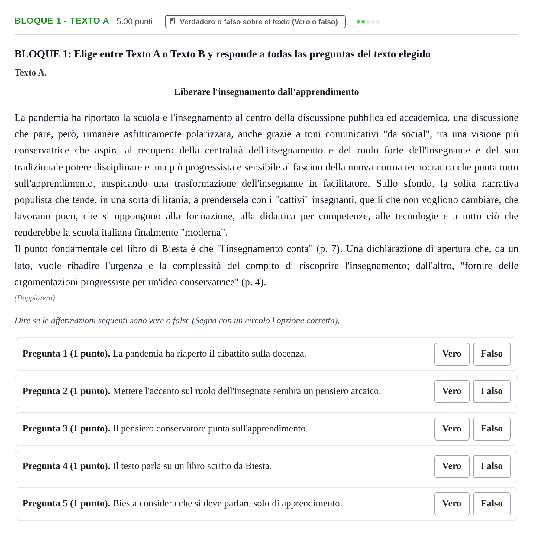 Enunciado: Bloque 1 - Texto A · Italiano PAU La Rioja Ordinaria 2022